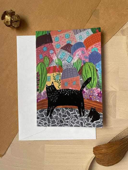 Vertical Greeting card: Crazy cat town