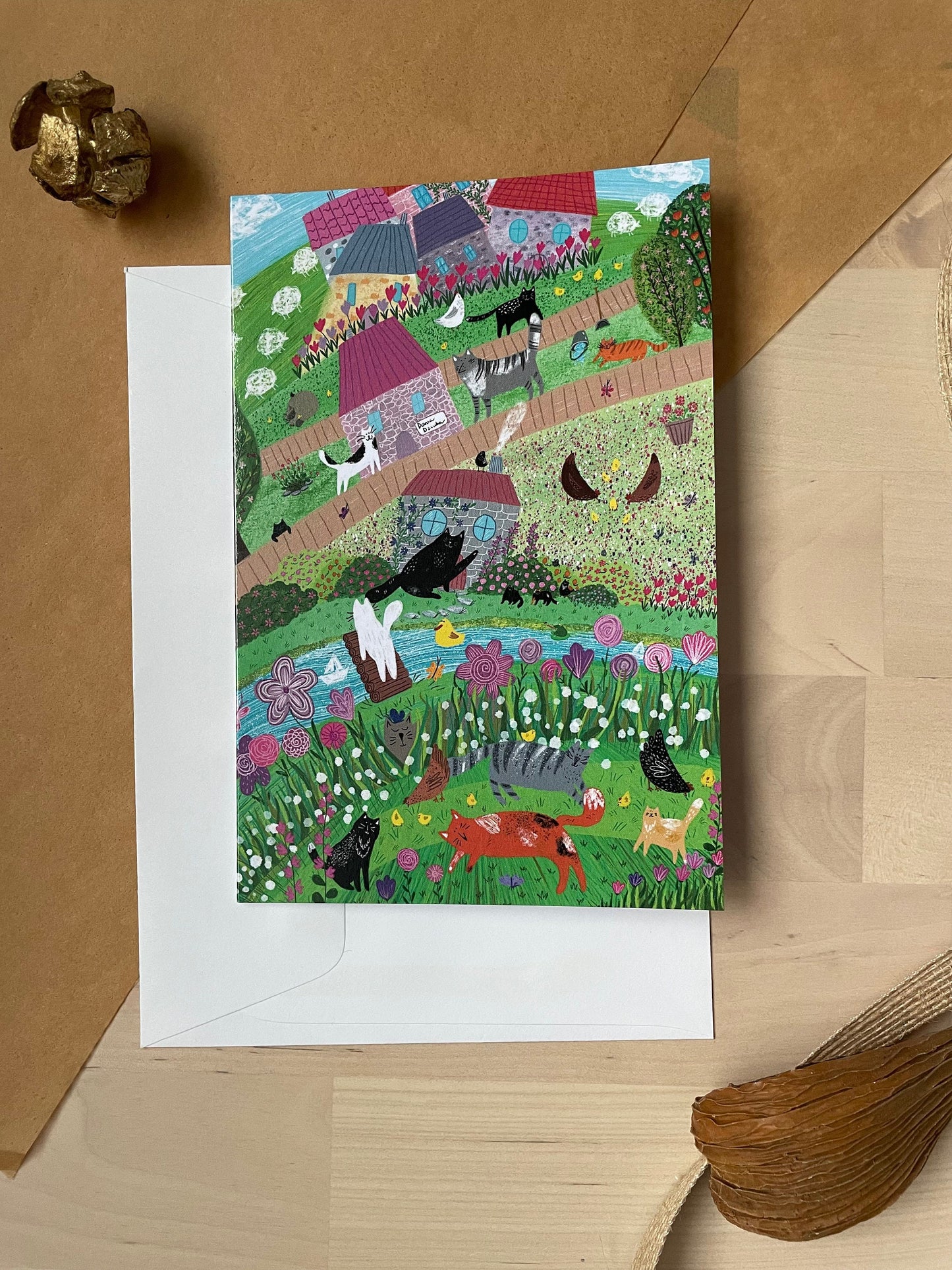 Carte de vœux verticale : Carte de vœux Crazy Cat Village