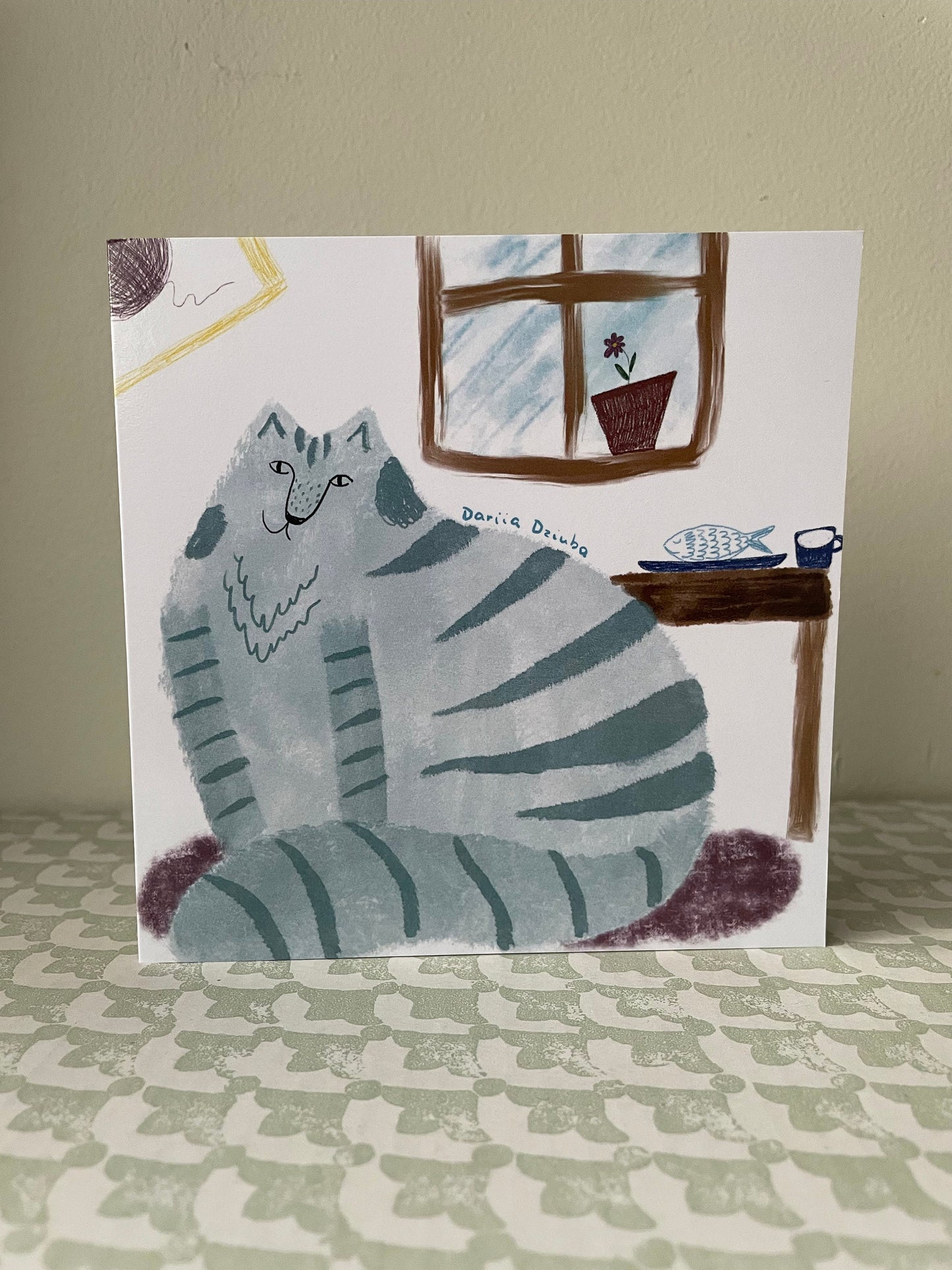 Square Greeting card: Blue cat in room