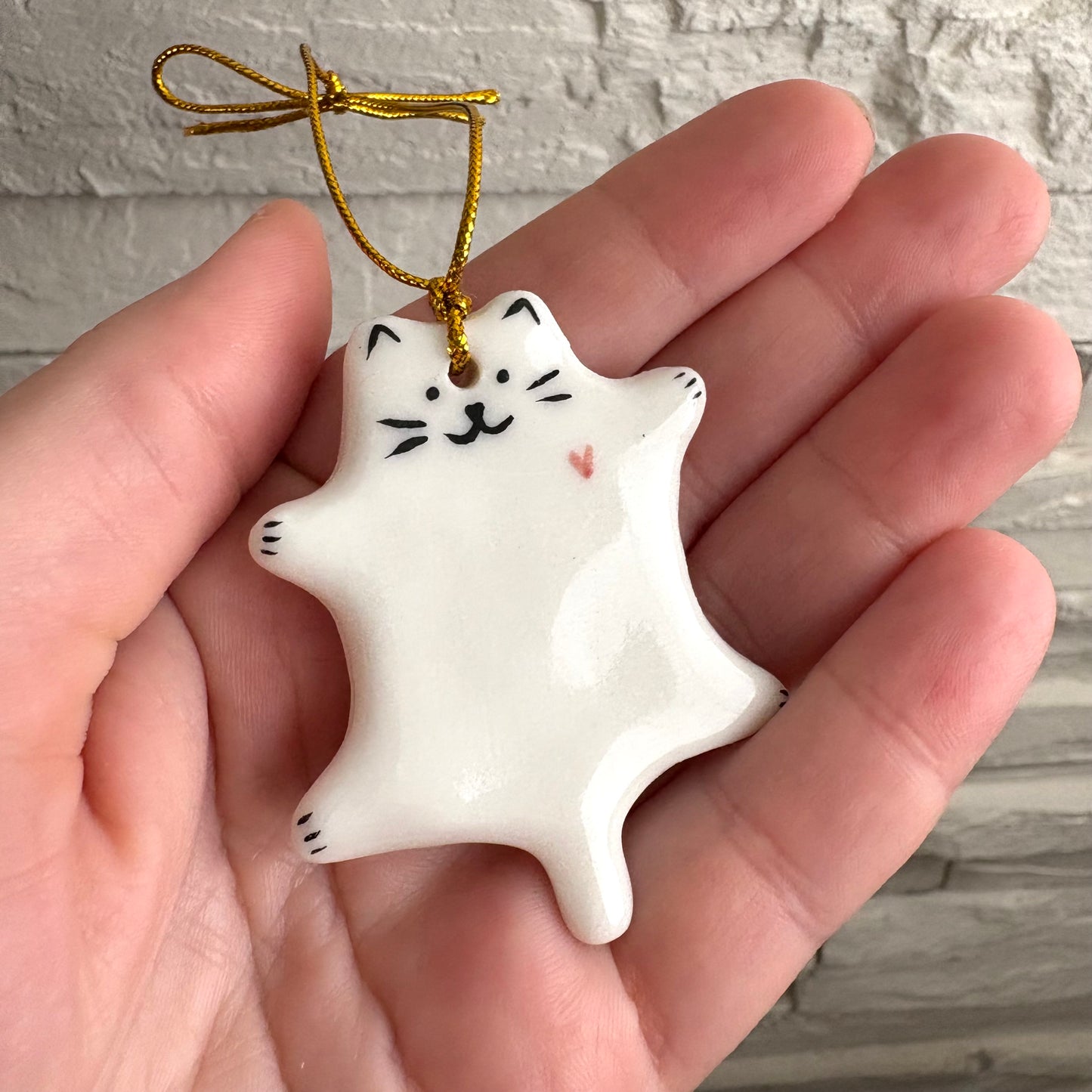 Porcelain Cat Ornament with Heart – Handmade Ceramic Kitty