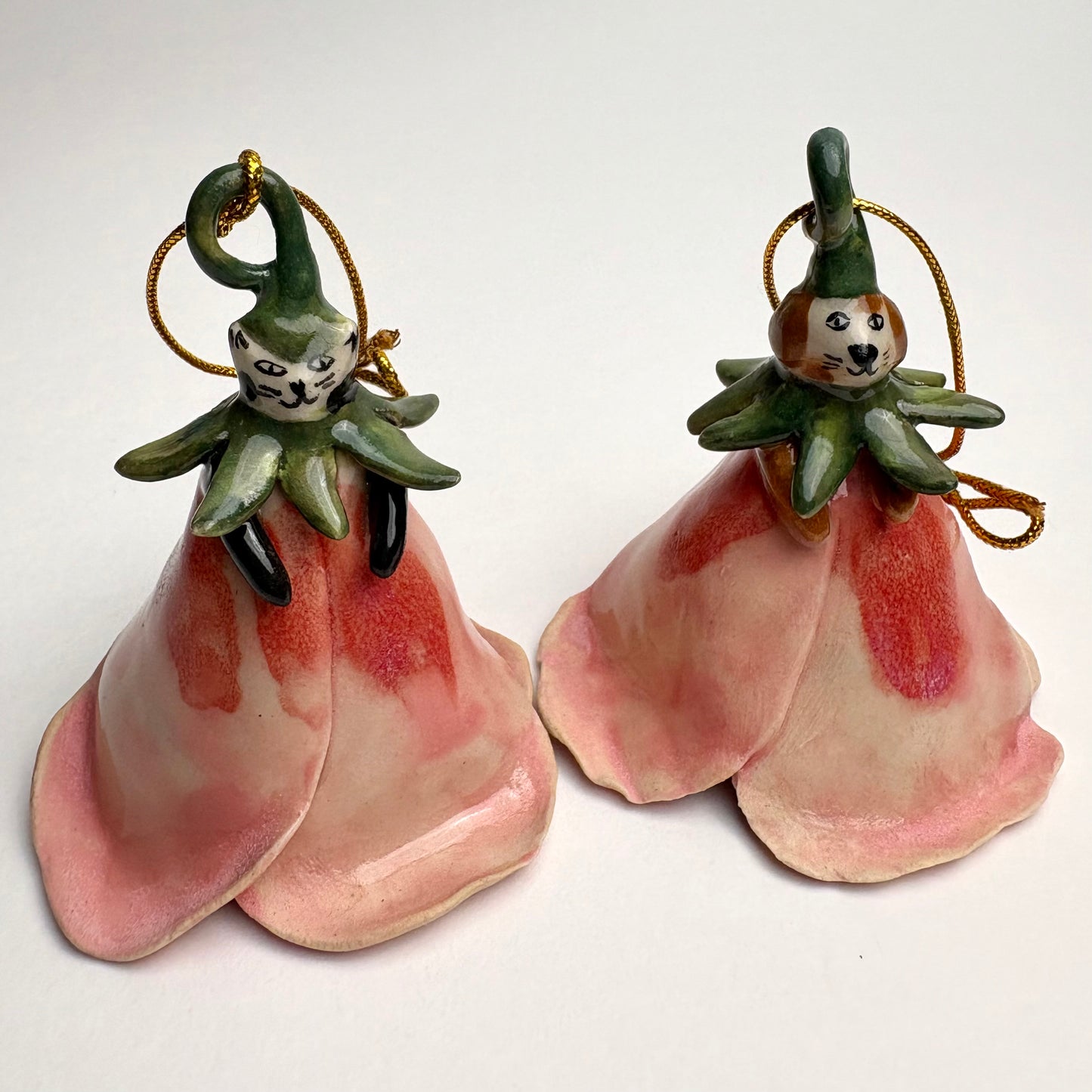 Handmade Ceramic Malva Flower Bell with Cat or Dog Figure/ Handmade cat themed ceramic Christmas ornament/ Pink Blossom Ornament