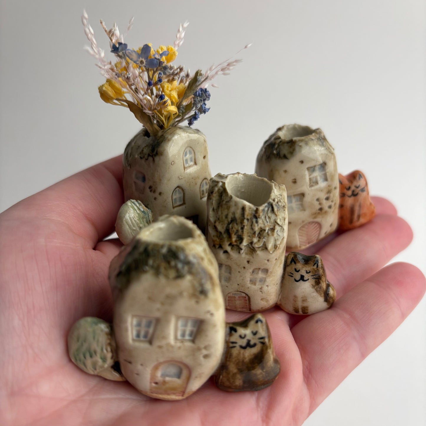 Mini House, Cat and Tree Bud Vase – Handmade Ceramic Miniature Vase
