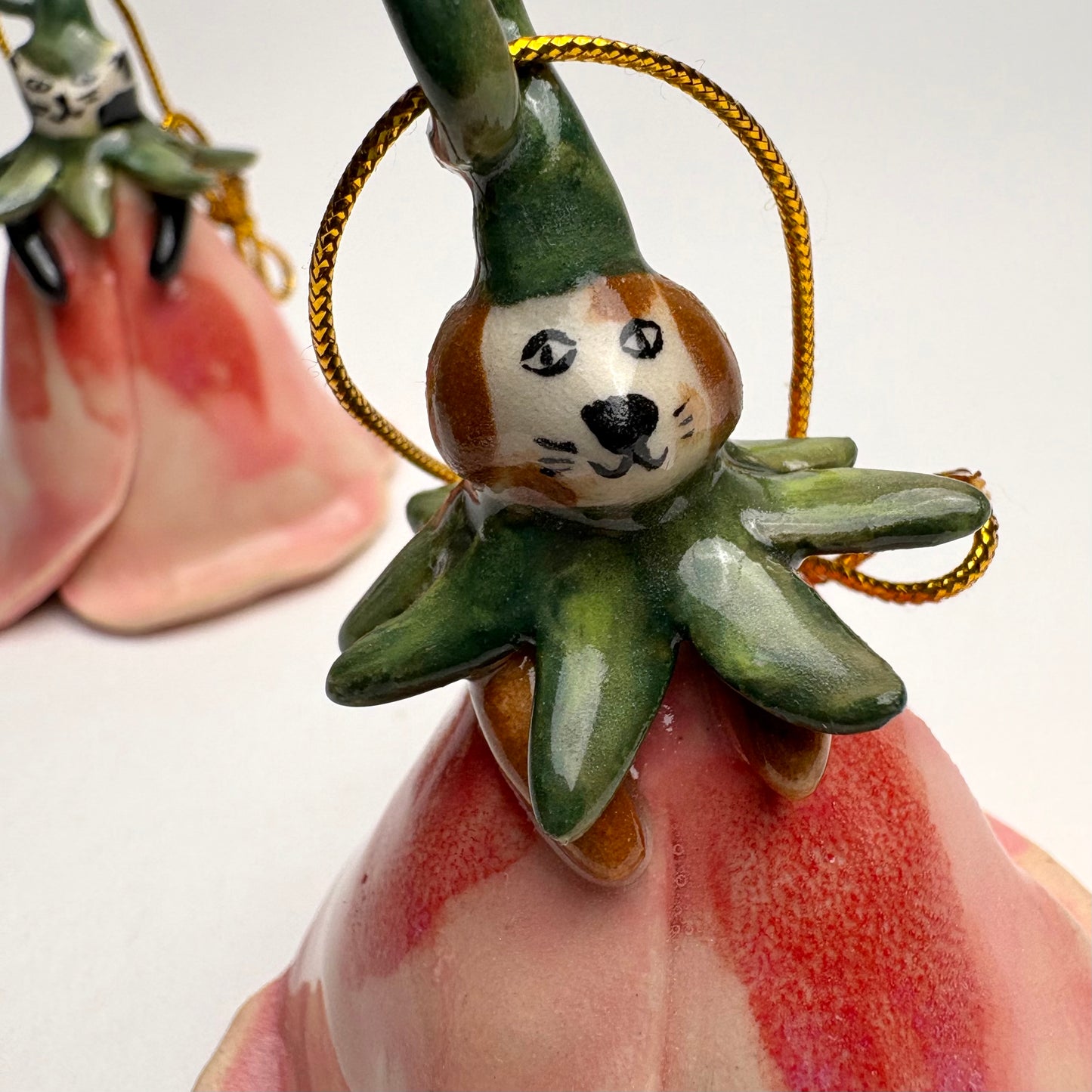 Handmade Ceramic Malva Flower Bell with Cat or Dog Figure/ Handmade cat themed ceramic Christmas ornament/ Pink Blossom Ornament