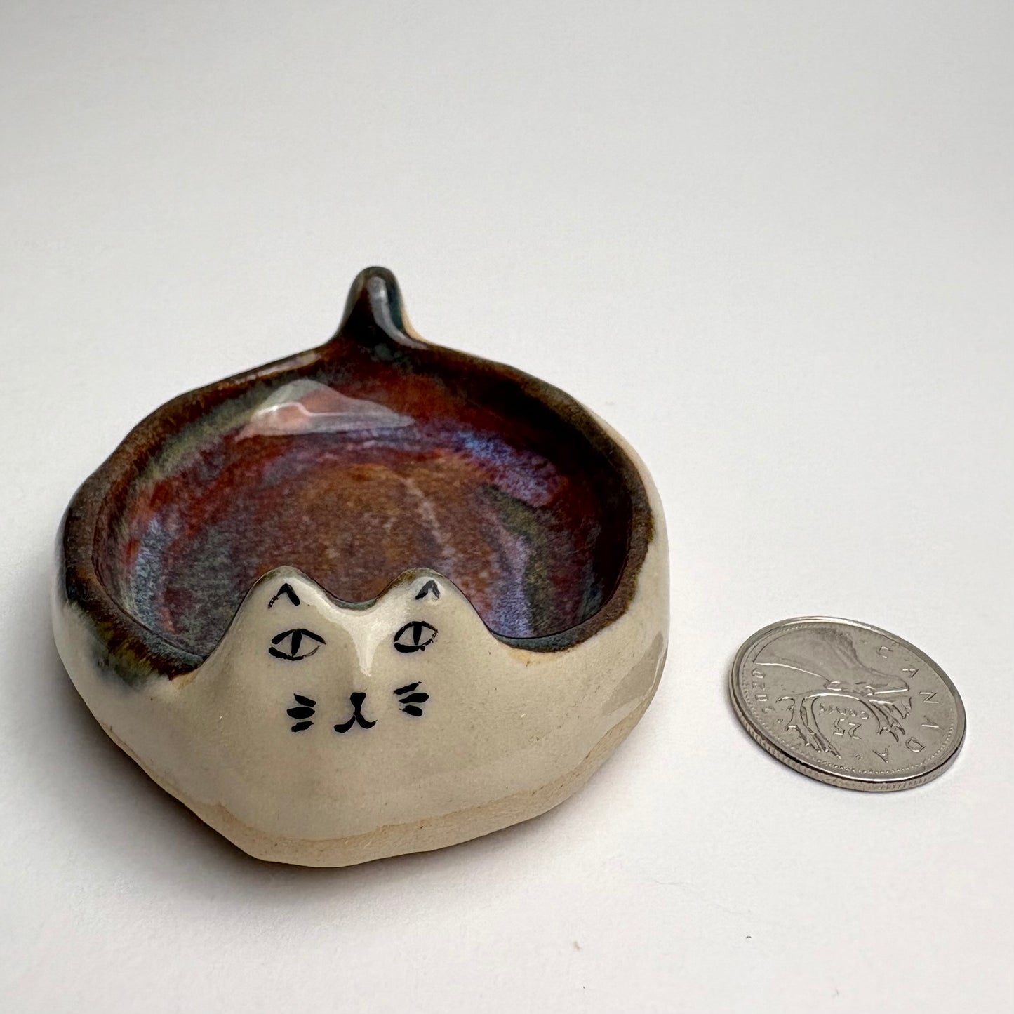 Handmade Ceramic Cat Dish — Mini Trinket Bowl with Galaxy Glaze