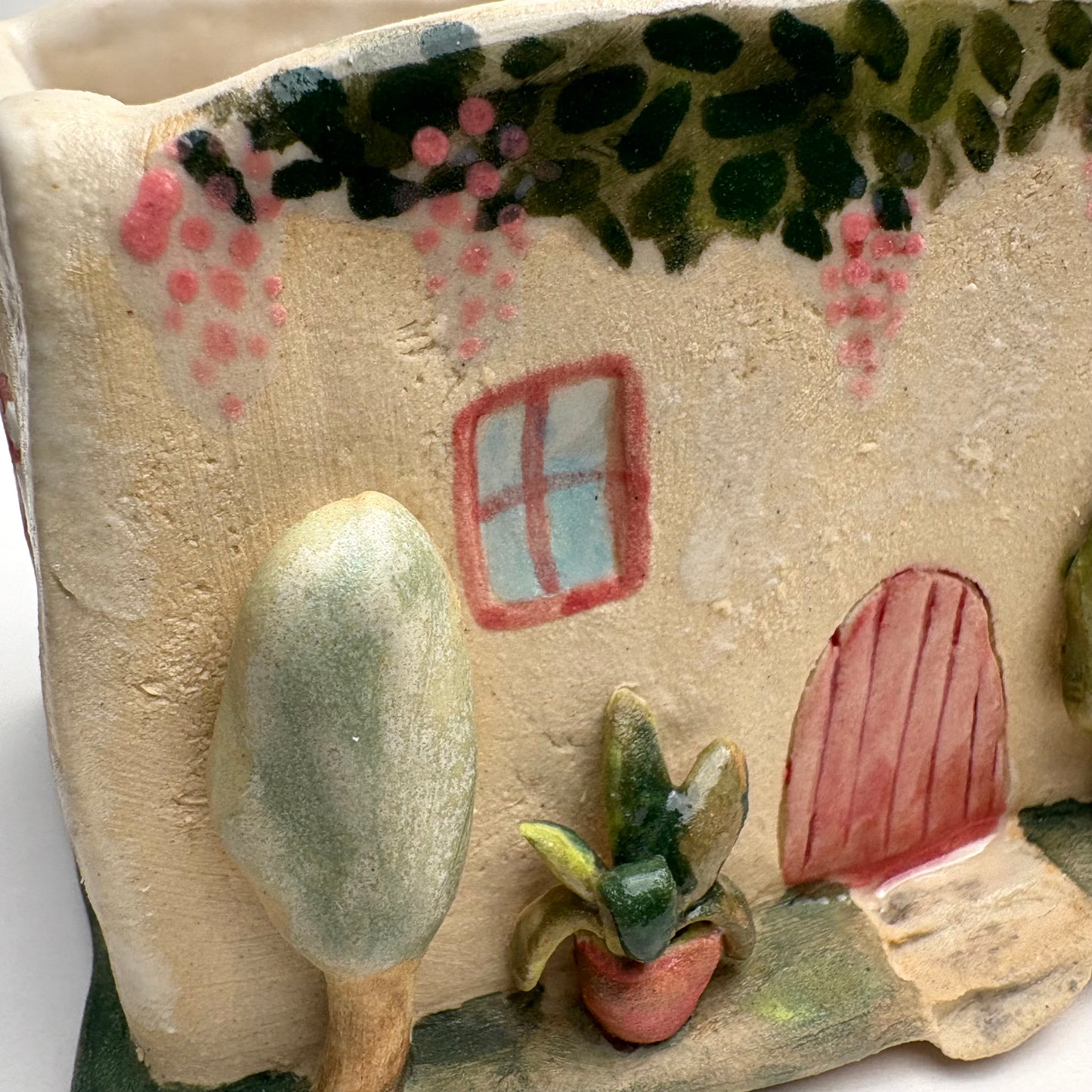 Whimsical Ceramic House Art Box with Cat, Sun, Birds & Four-Legged Fish — Hand-Sculpted Collector Piece