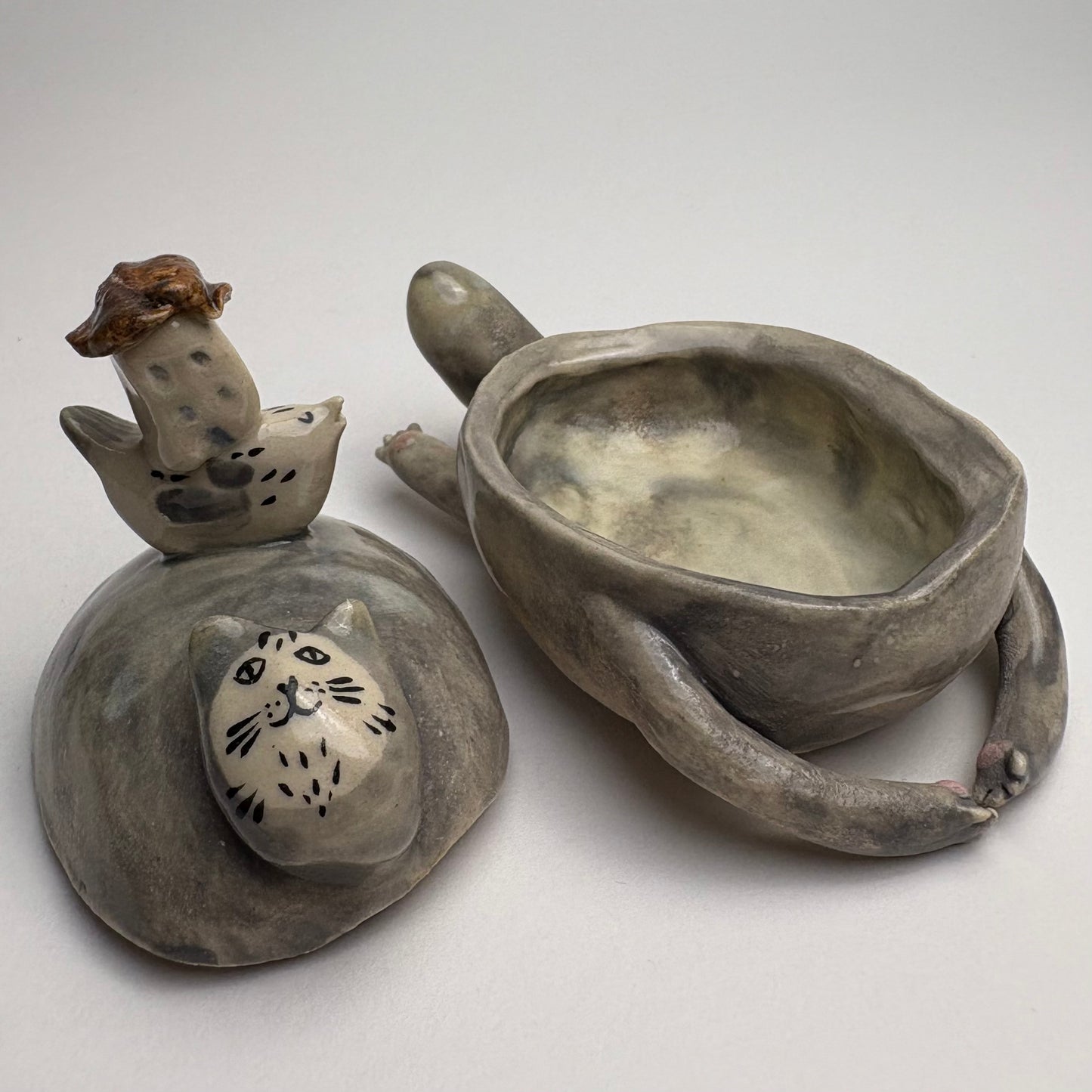 Whimsical Ceramic Cat Art Box with Bird & Four-Legged Fish — Hand-Sculpted Collector Piece