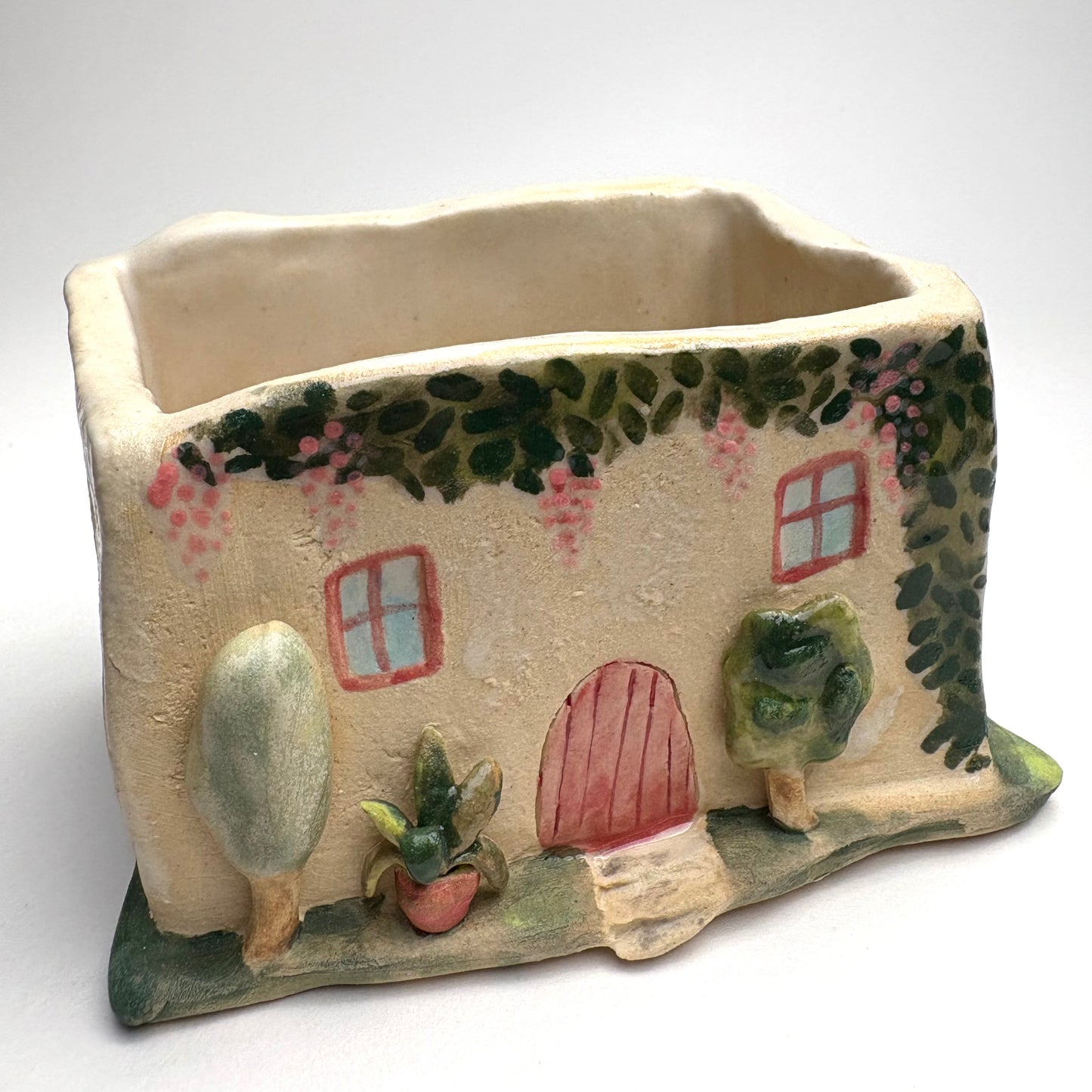 Whimsical Ceramic House Art Box with Cat, Sun, Birds & Four-Legged Fish — Hand-Sculpted Collector Piece