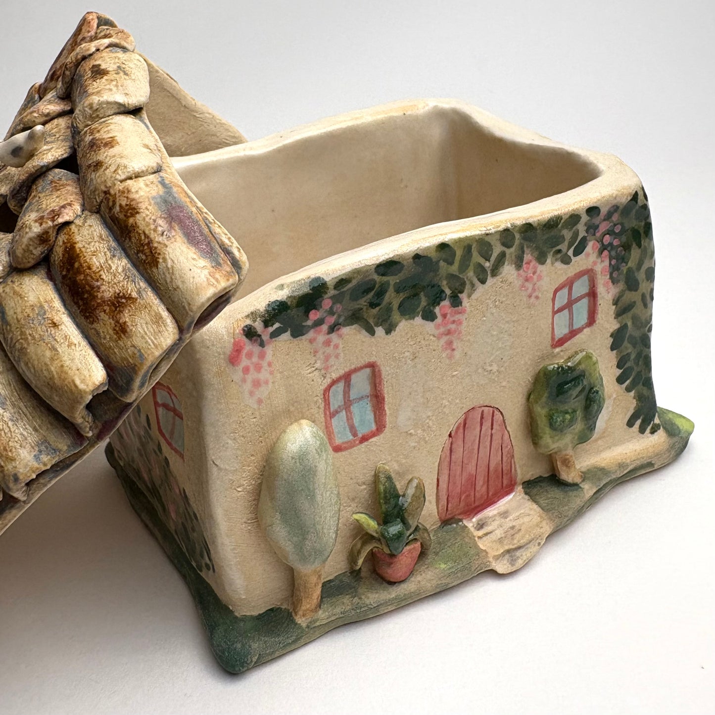 Whimsical Ceramic House Art Box with Cat, Sun, Birds & Four-Legged Fish — Hand-Sculpted Collector Piece