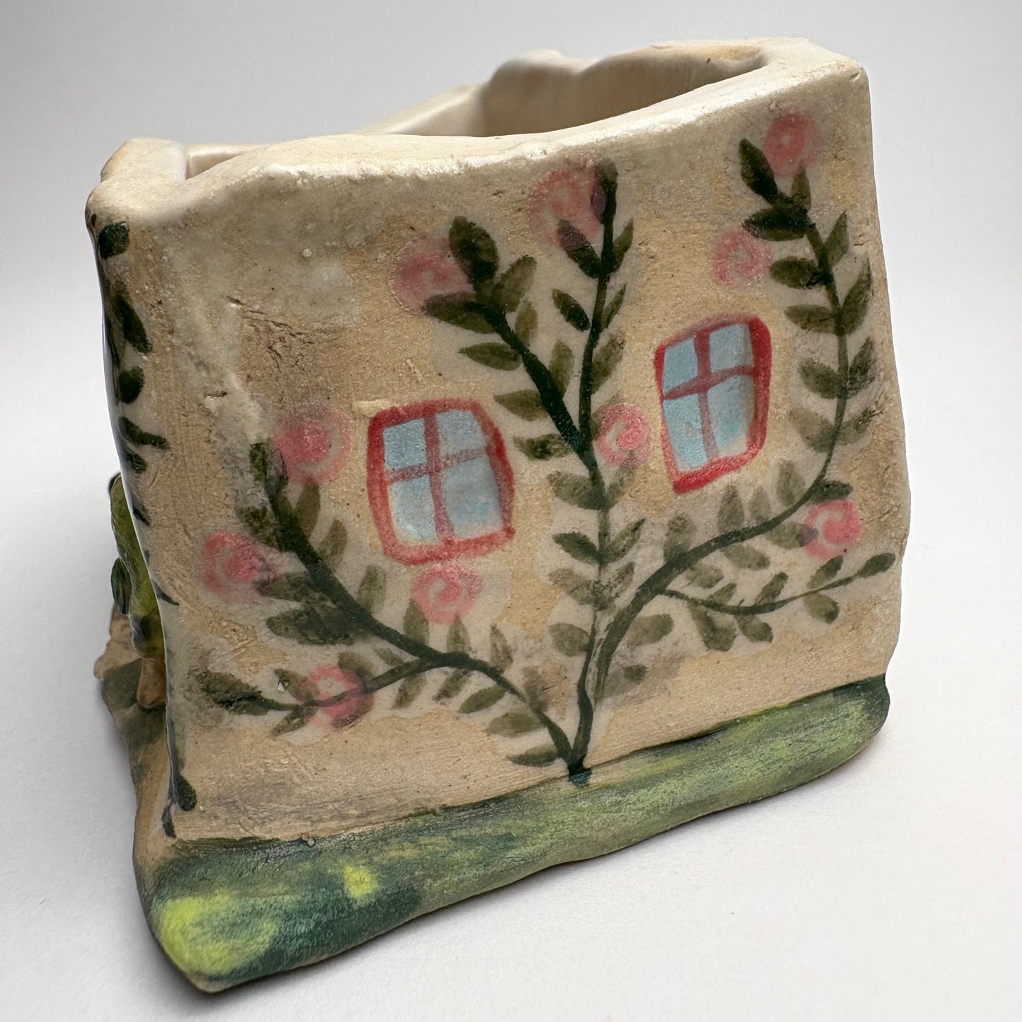 Whimsical Ceramic House Art Box with Cat, Sun, Birds & Four-Legged Fish — Hand-Sculpted Collector Piece