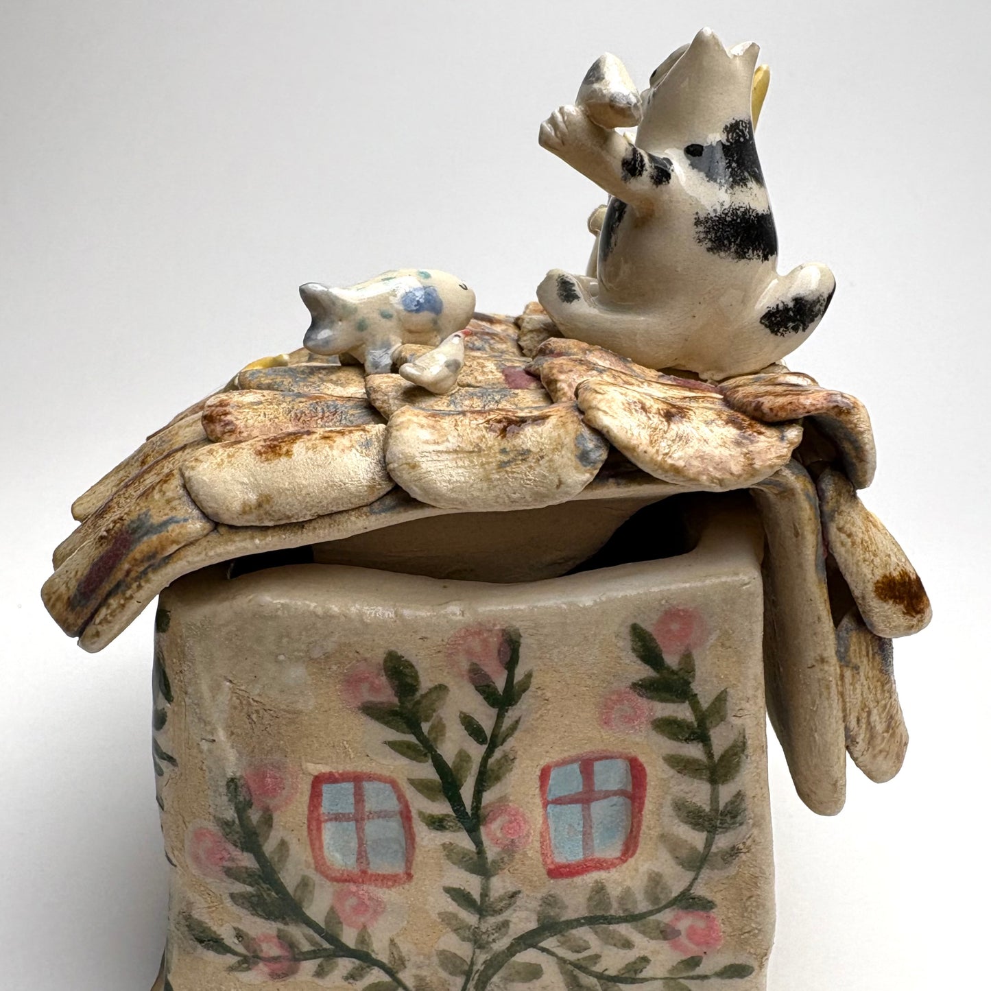 Whimsical Ceramic House Art Box with Cat, Sun, Birds & Four-Legged Fish — Hand-Sculpted Collector Piece
