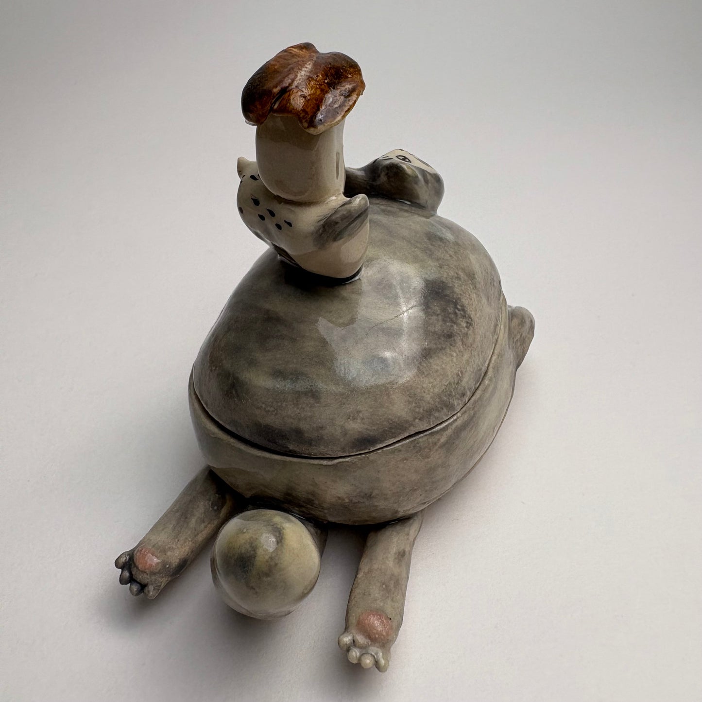 Whimsical Ceramic Cat Art Box with Bird & Four-Legged Fish — Hand-Sculpted Collector Piece