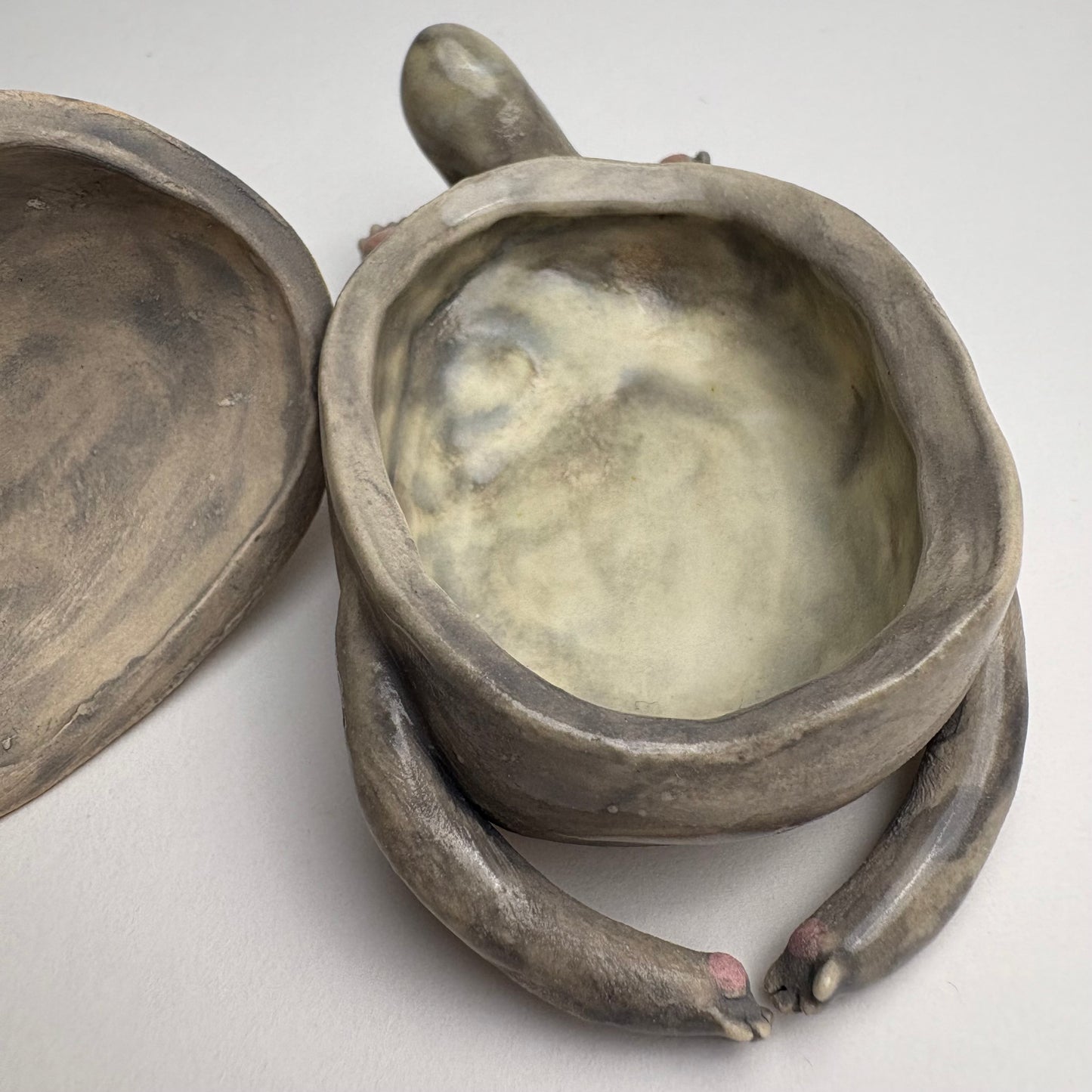 Whimsical Ceramic Cat Art Box with Bird & Four-Legged Fish — Hand-Sculpted Collector Piece