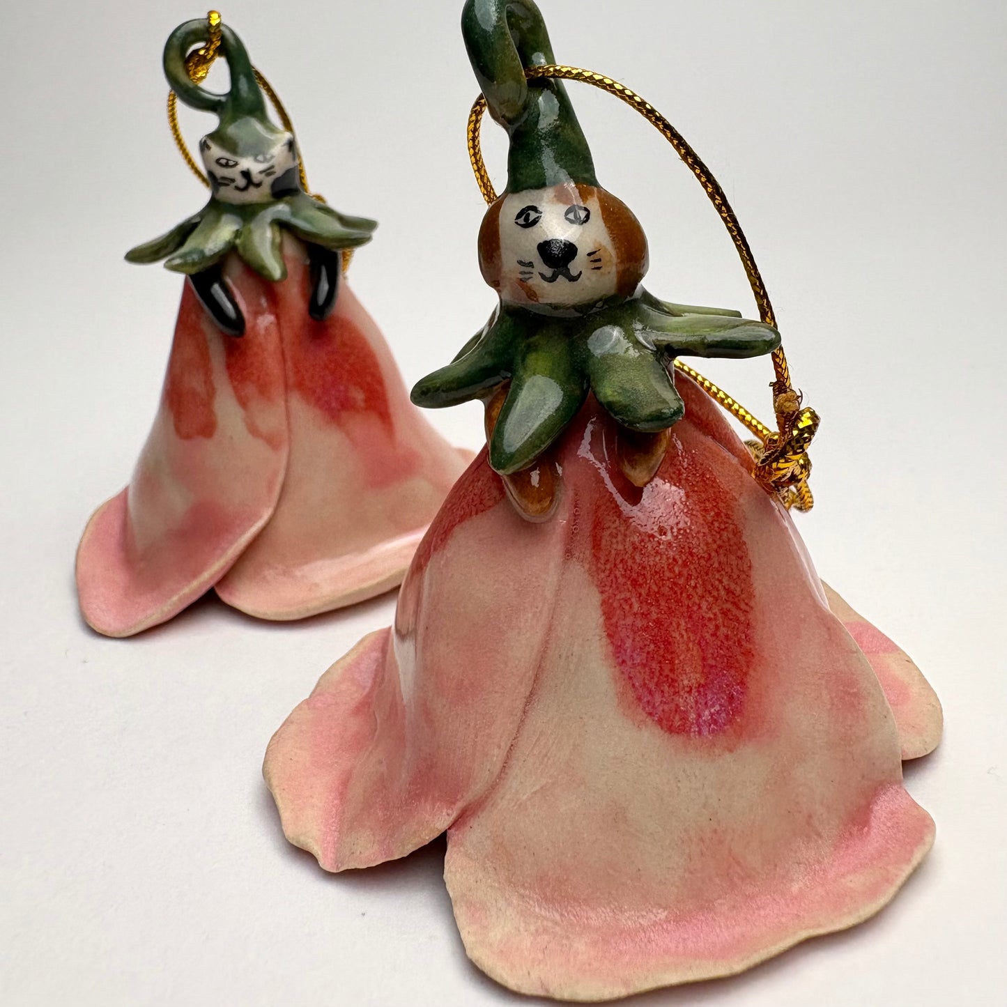 Handmade Ceramic Malva Flower Bell with Cat or Dog Figure/ Handmade cat themed ceramic Christmas ornament/ Pink Blossom Ornament