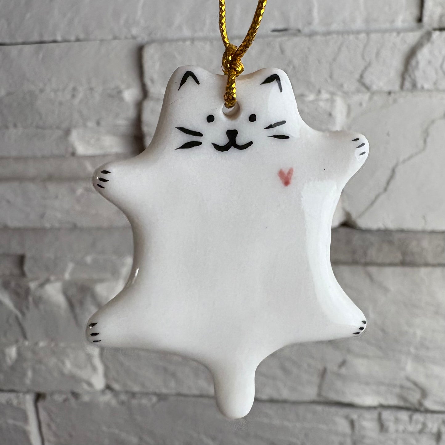 Porcelain Cat Ornament with Heart – Handmade Ceramic Kitty