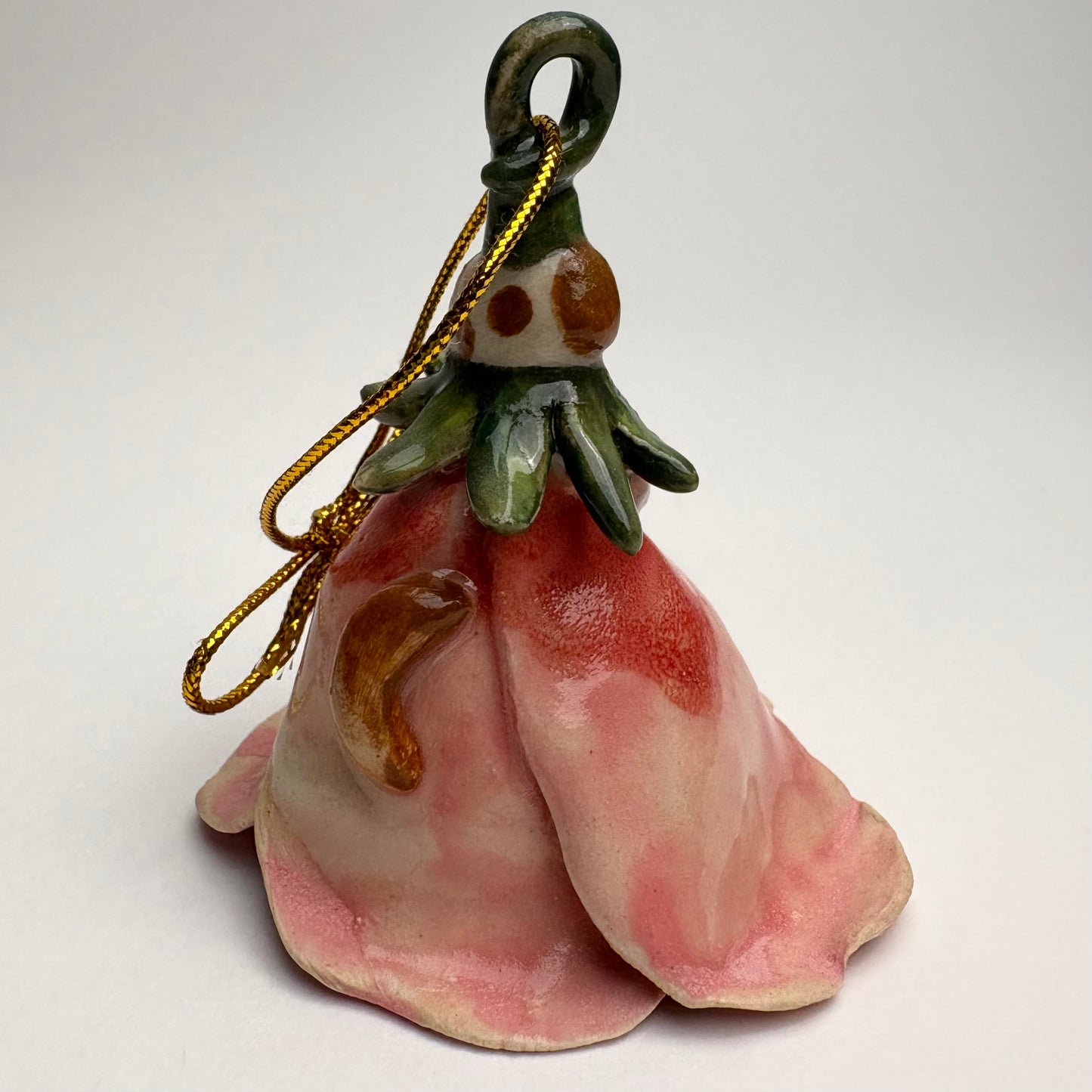 Handmade Ceramic Malva Flower Bell with Cat or Dog Figure/ Handmade cat themed ceramic Christmas ornament/ Pink Blossom Ornament