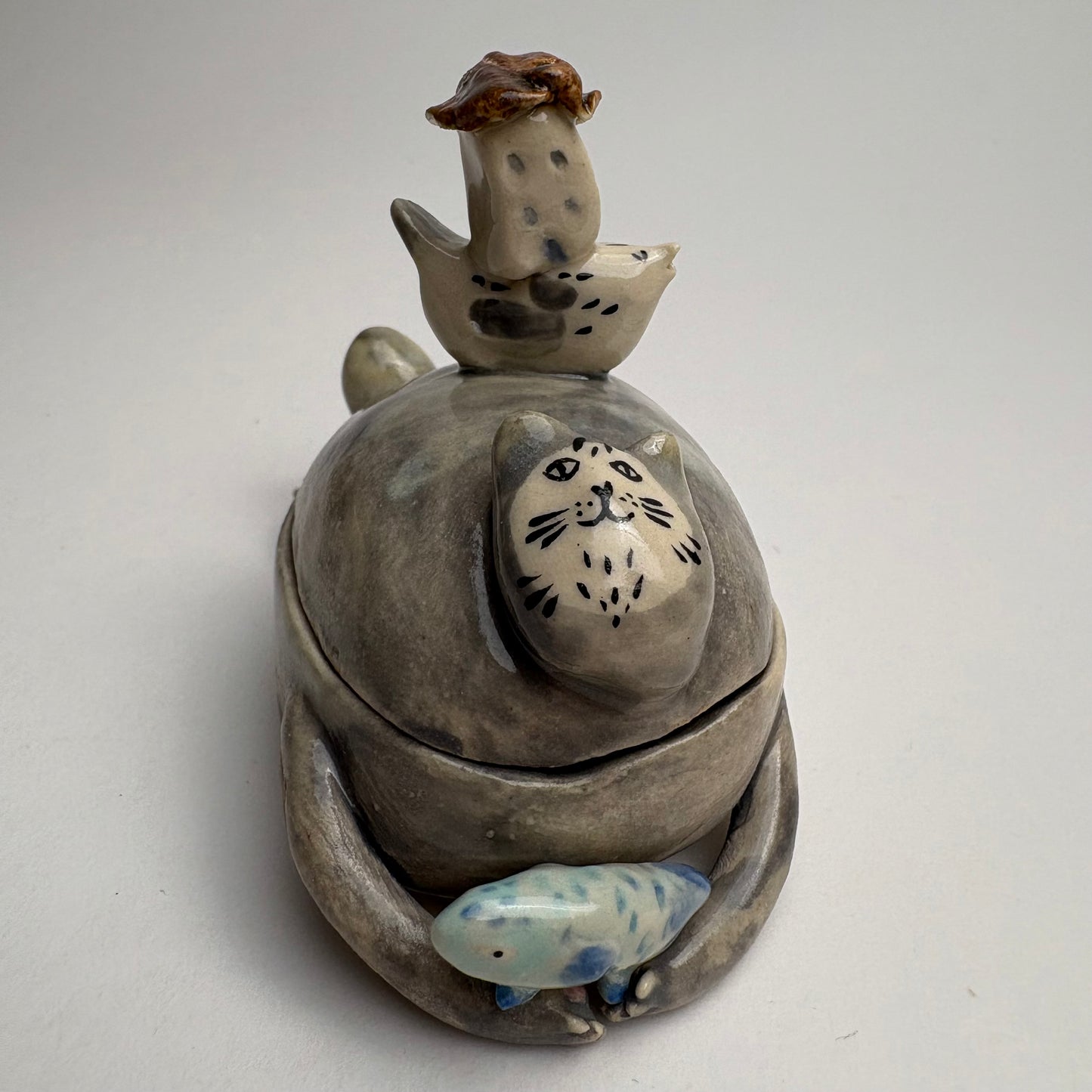 Whimsical Ceramic Cat Art Box with Bird & Four-Legged Fish — Hand-Sculpted Collector Piece