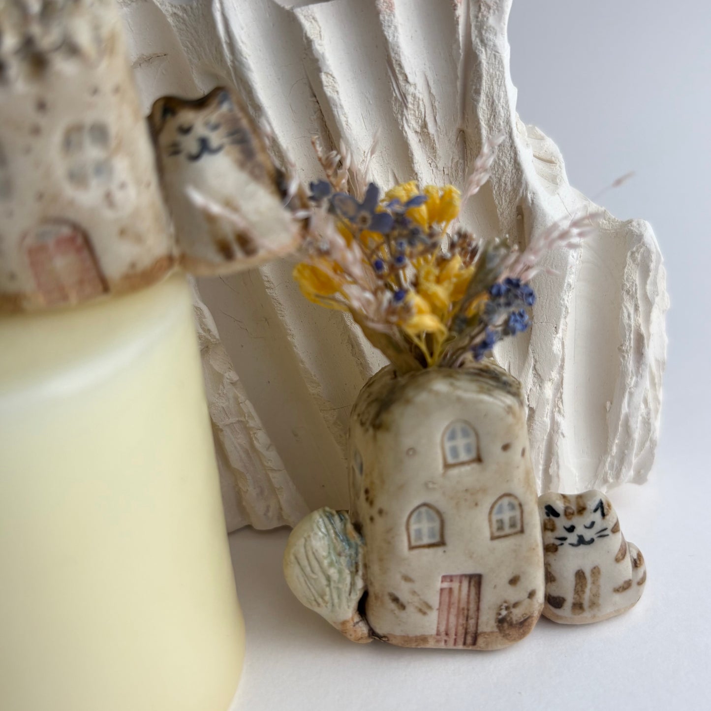 Mini House, Cat and Tree Bud Vase – Handmade Ceramic Miniature Vase