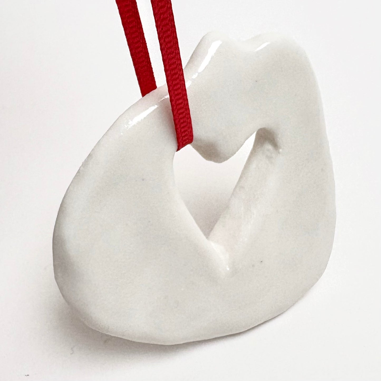 Handmade Porcelain Cat Christmas Ornament with Cutout, White Glazed Ceramic Holiday Decoration with Red Ribbon, Minimalist Winter Decor