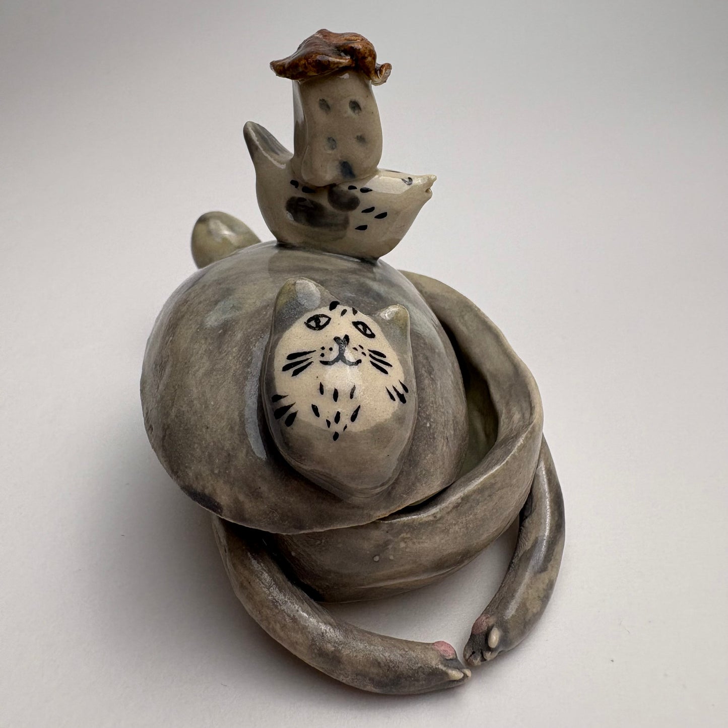 Whimsical Ceramic Cat Art Box with Bird & Four-Legged Fish — Hand-Sculpted Collector Piece