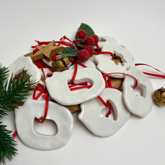 Handmade Porcelain Cat Christmas Ornament with Cutout, White Glazed Ceramic Holiday Decoration with Red Ribbon, Minimalist Winter Decor