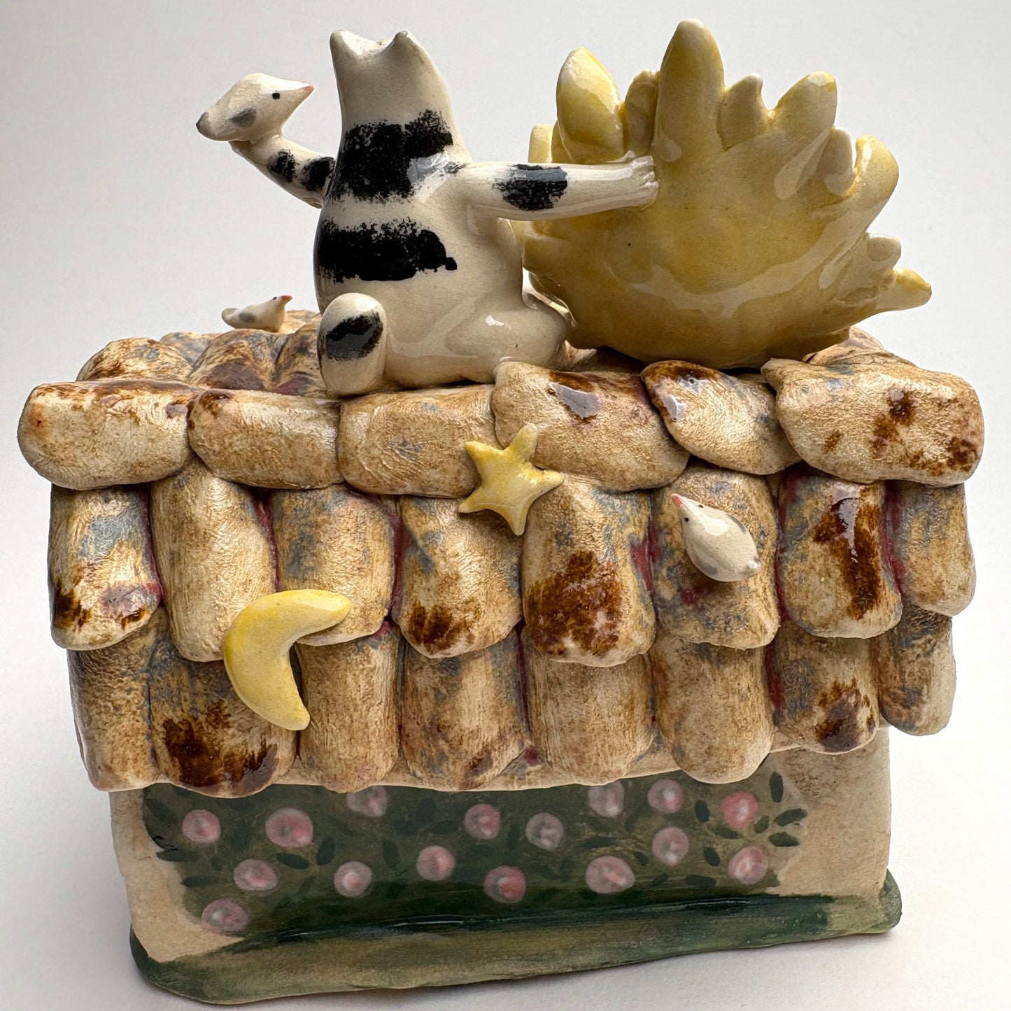 Whimsical Ceramic House Art Box with Cat, Sun, Birds & Four-Legged Fish — Hand-Sculpted Collector Piece