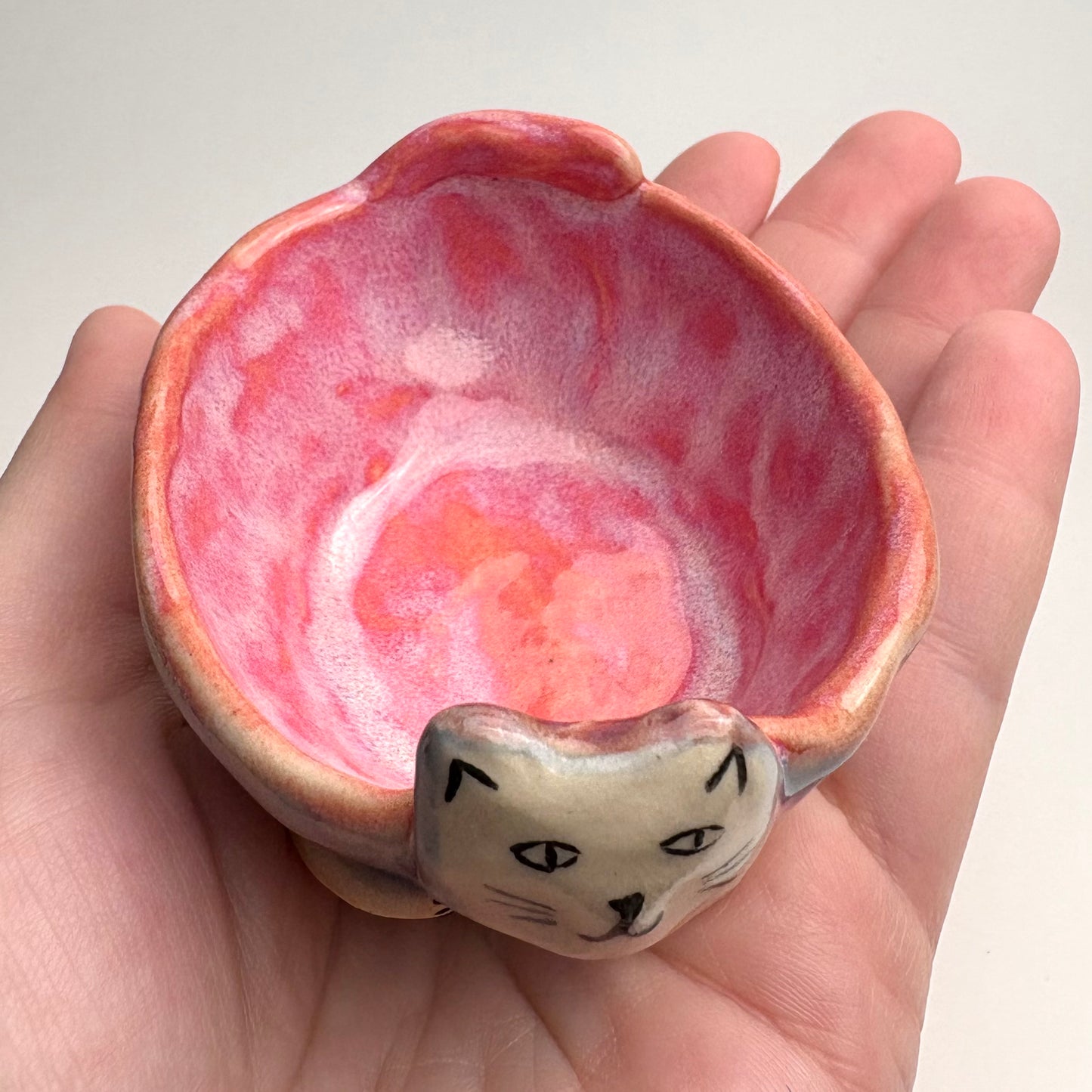 Handmade Cat Dish – Small Ceramic Bowl for Rings, Sauce, Olives, Tiny Snacks – White Clay Cat Pottery Gift