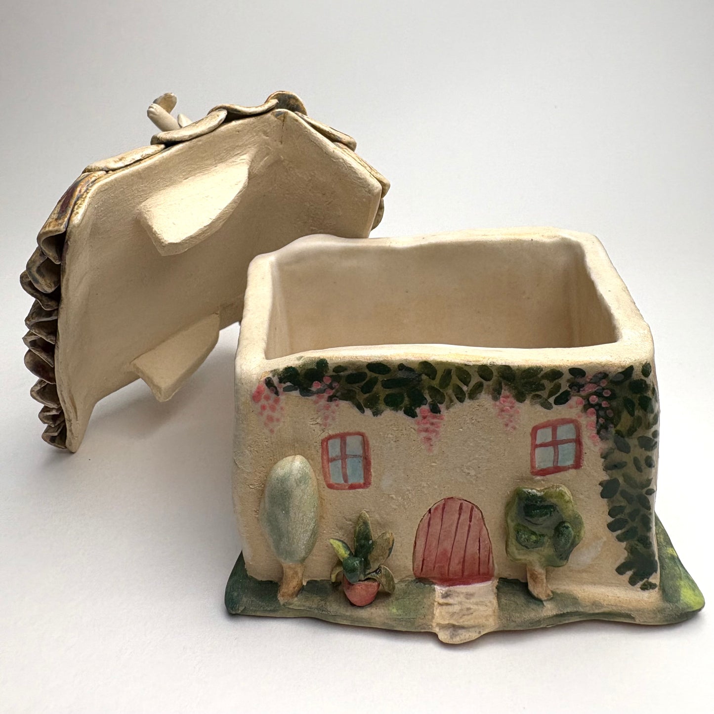 Whimsical Ceramic House Art Box with Cat, Sun, Birds & Four-Legged Fish — Hand-Sculpted Collector Piece