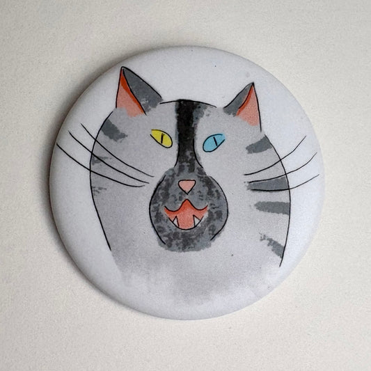 Blue-Yellow Eyed Cat Button Pin – Made in Canada
