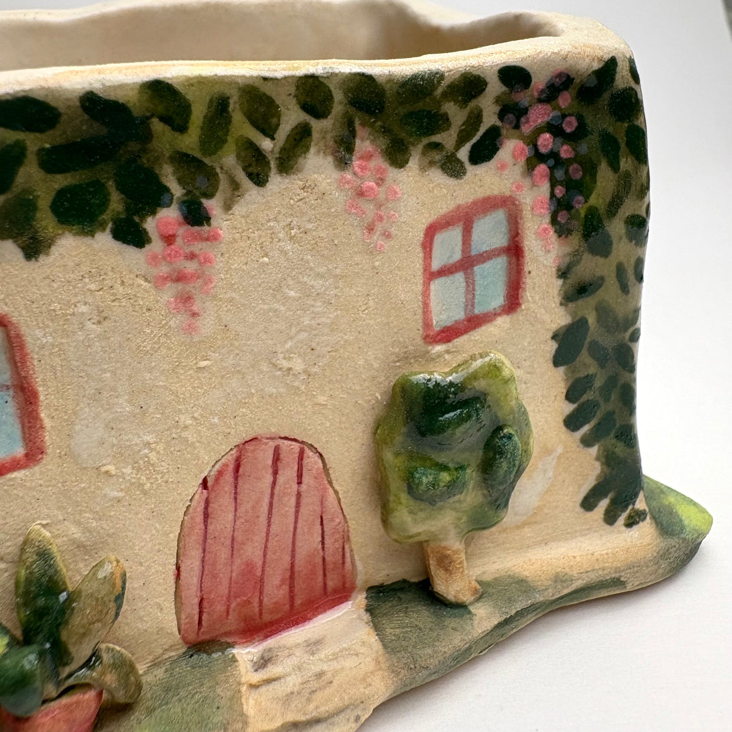 Whimsical Ceramic House Art Box with Cat, Sun, Birds & Four-Legged Fish — Hand-Sculpted Collector Piece