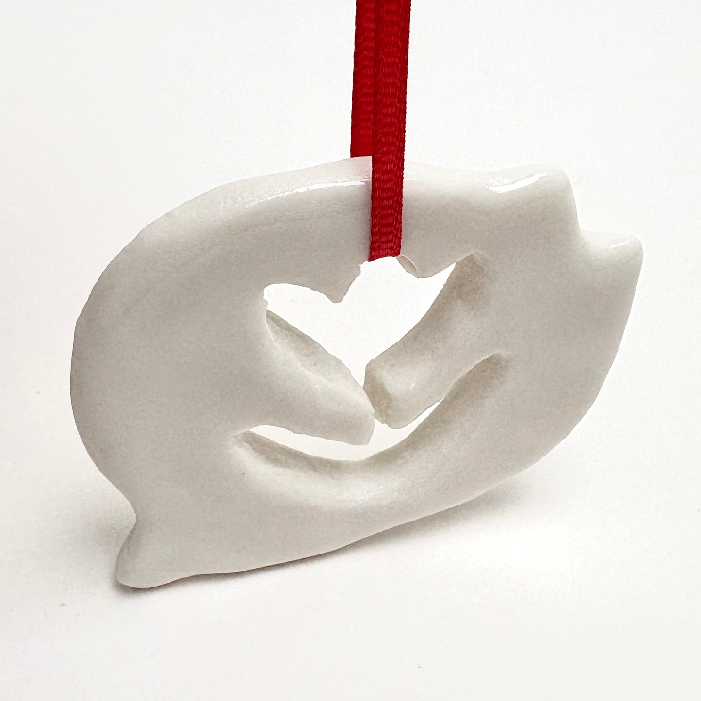 Handmade Porcelain Cat Christmas Ornament with Cutout, White Glazed Ceramic Holiday Decoration with Red Ribbon, Minimalist Winter Decor