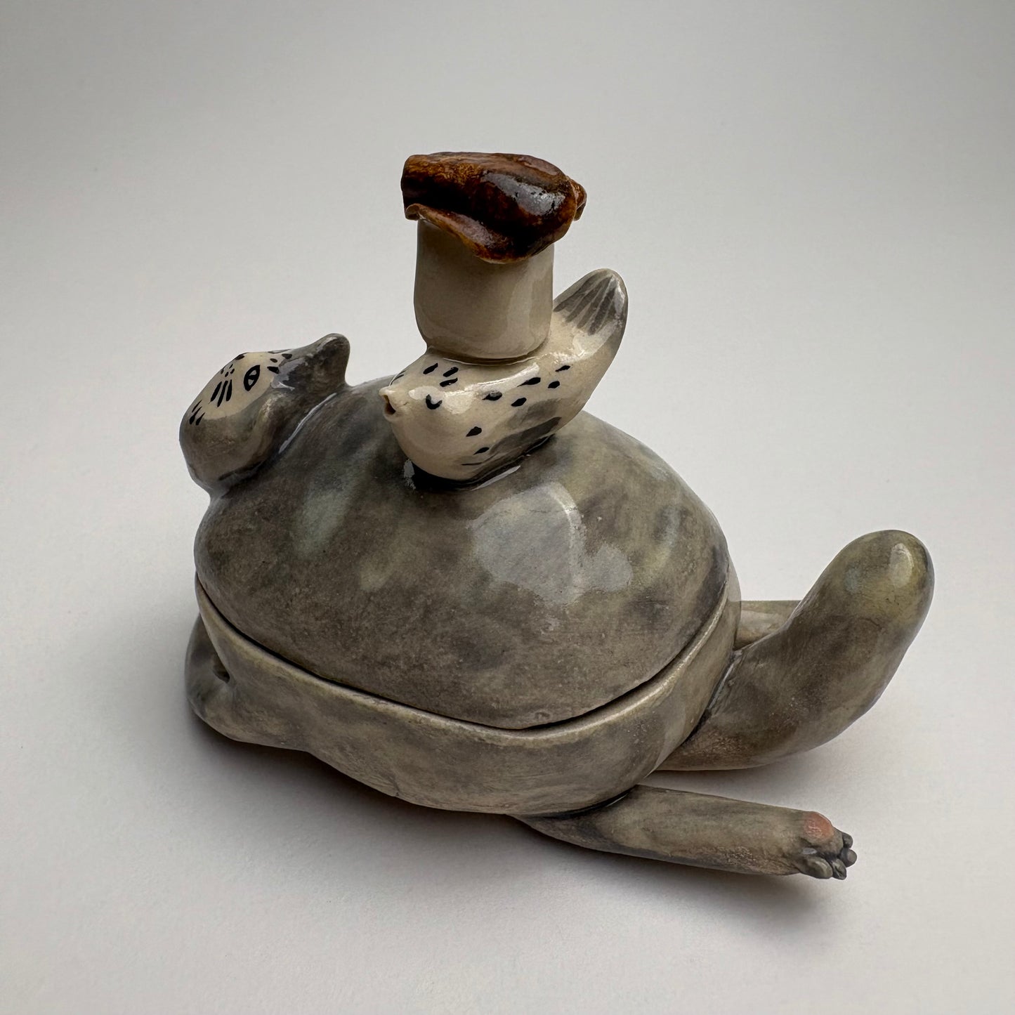 Whimsical Ceramic Cat Art Box with Bird & Four-Legged Fish — Hand-Sculpted Collector Piece