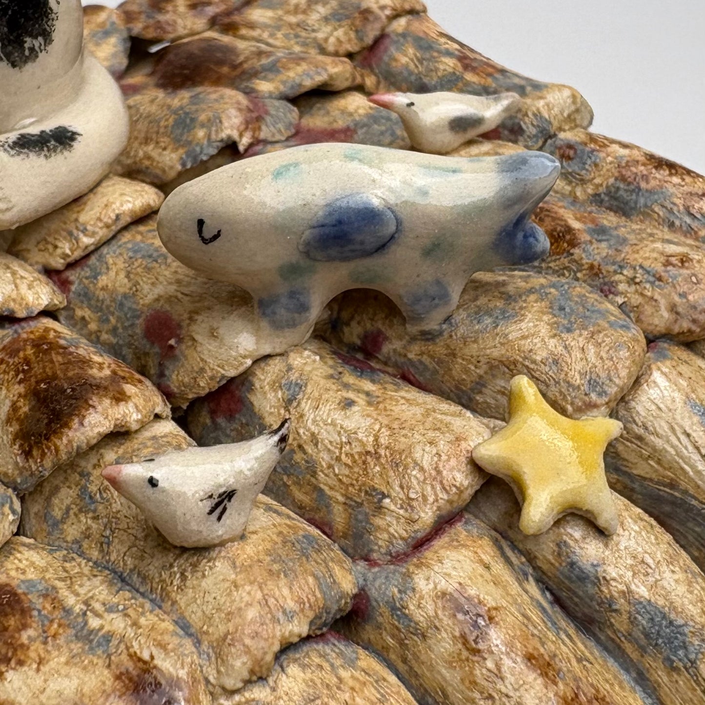 Whimsical Ceramic House Art Box with Cat, Sun, Birds & Four-Legged Fish — Hand-Sculpted Collector Piece