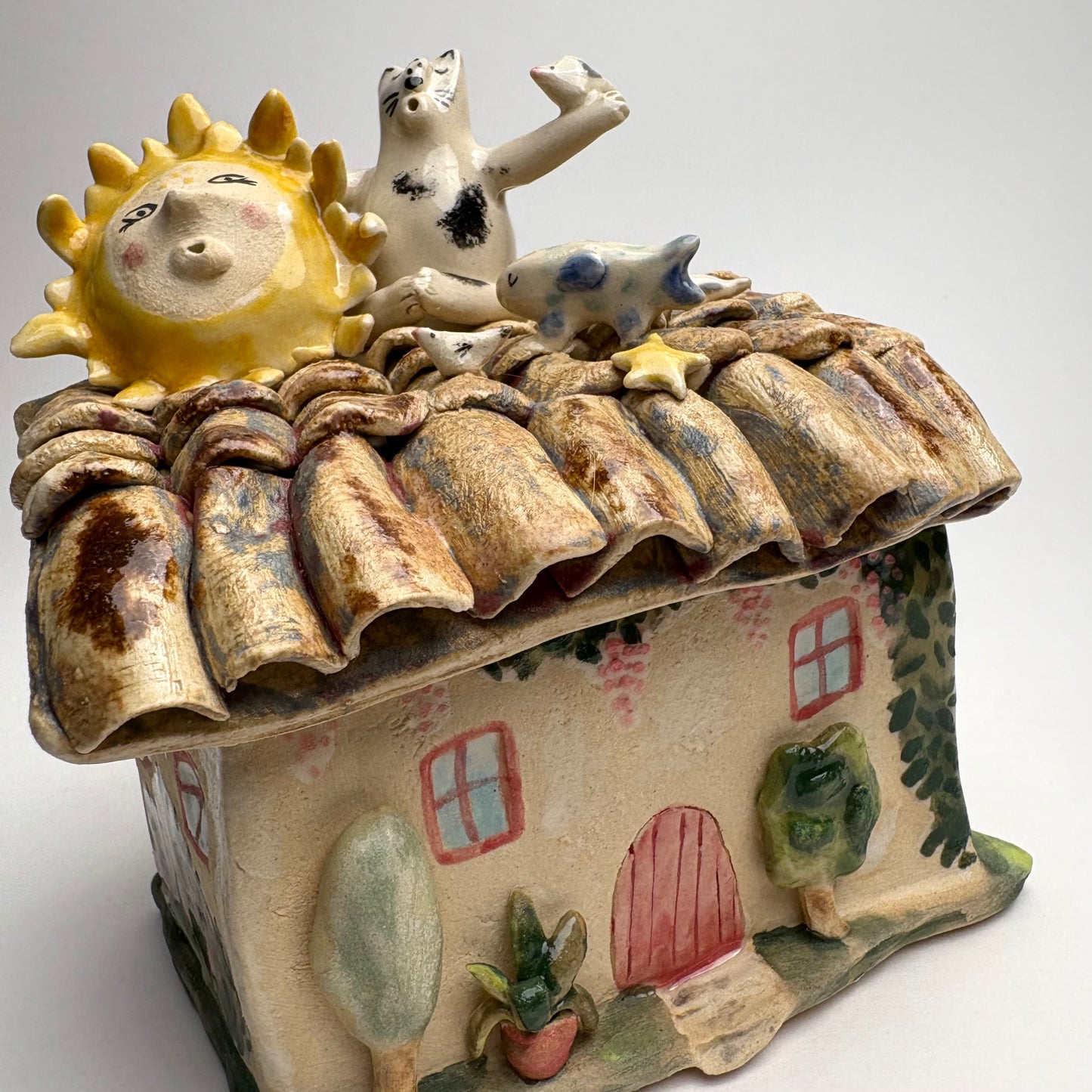 Whimsical Ceramic House Art Box with Cat, Sun, Birds & Four-Legged Fish — Hand-Sculpted Collector Piece