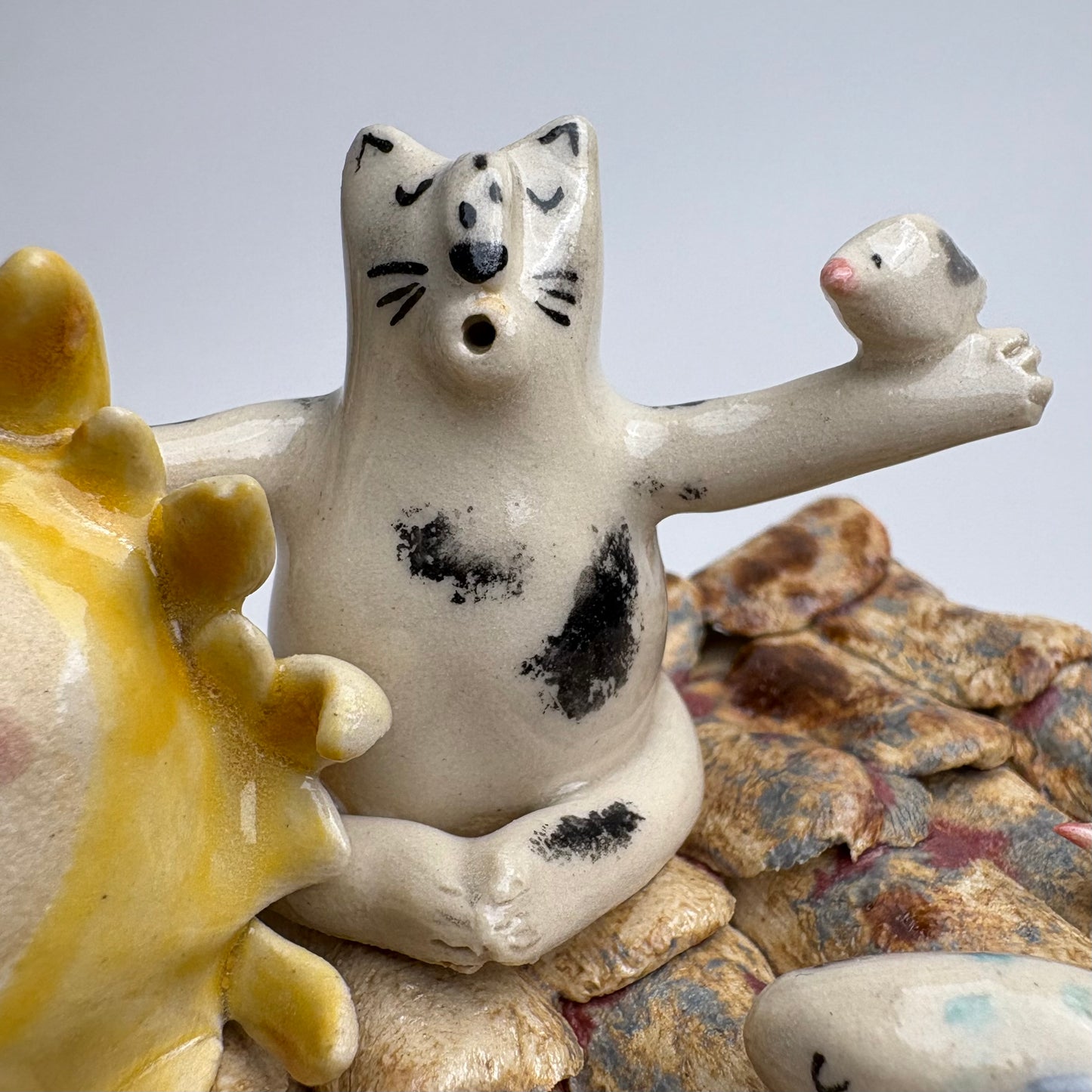 Whimsical Ceramic House Art Box with Cat, Sun, Birds & Four-Legged Fish — Hand-Sculpted Collector Piece