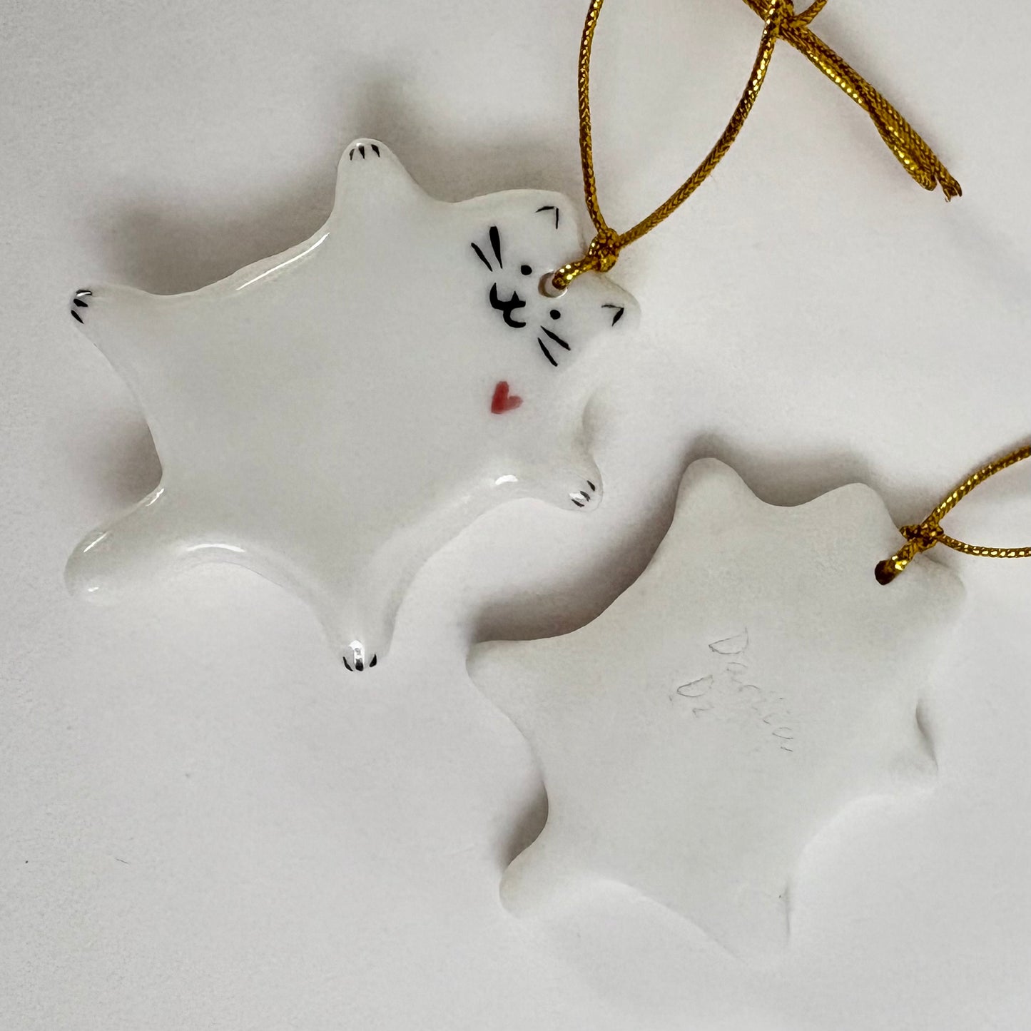 Porcelain Cat Ornament with Heart – Handmade Ceramic Kitty