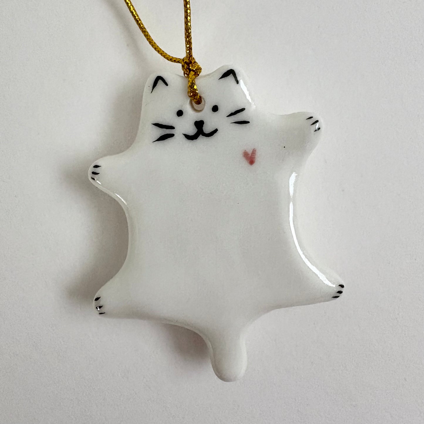 Porcelain Cat Ornament with Heart – Handmade Ceramic Kitty