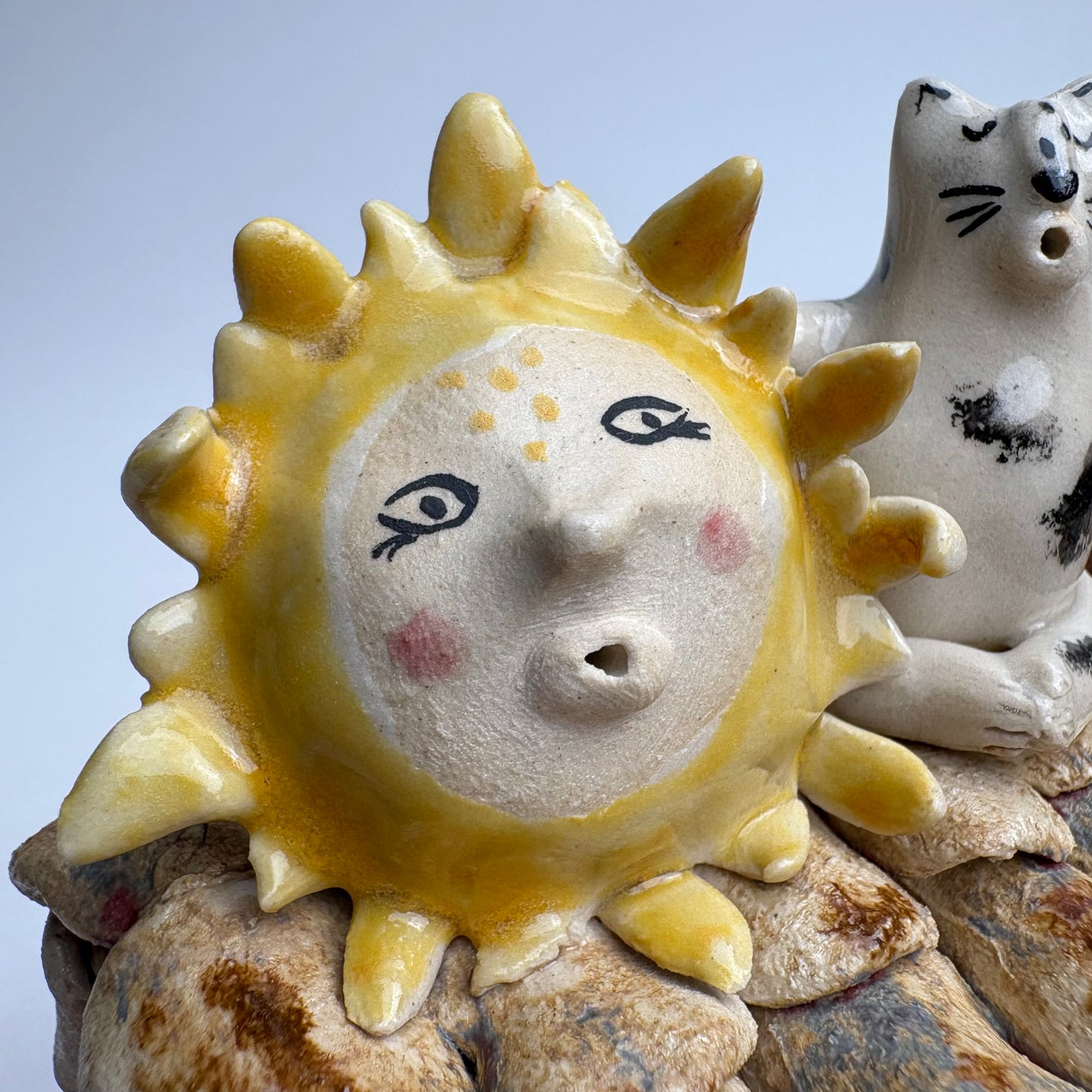 Whimsical Ceramic House Art Box with Cat, Sun, Birds & Four-Legged Fish — Hand-Sculpted Collector Piece