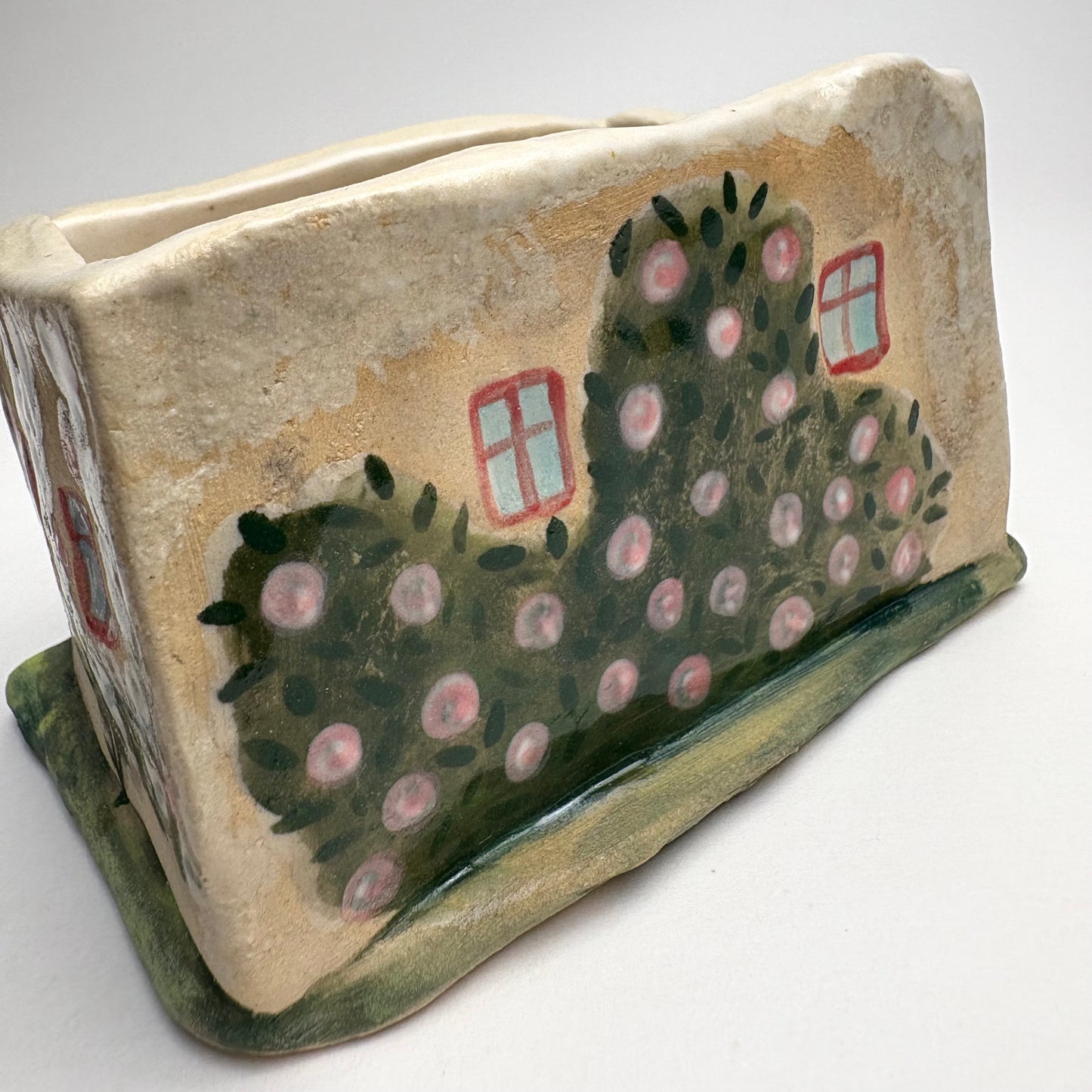 Whimsical Ceramic House Art Box with Cat, Sun, Birds & Four-Legged Fish — Hand-Sculpted Collector Piece