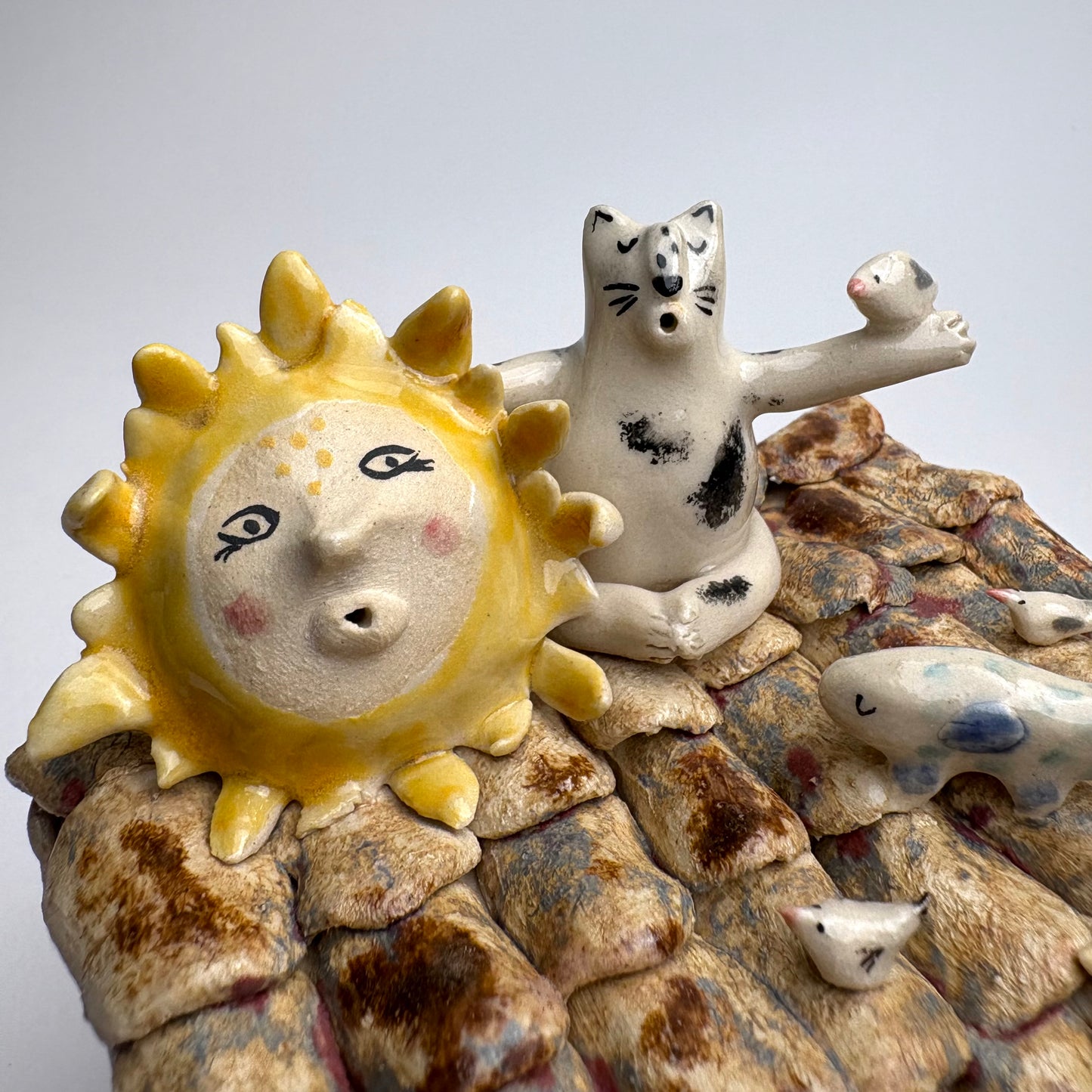 Whimsical Ceramic House Art Box with Cat, Sun, Birds & Four-Legged Fish — Hand-Sculpted Collector Piece