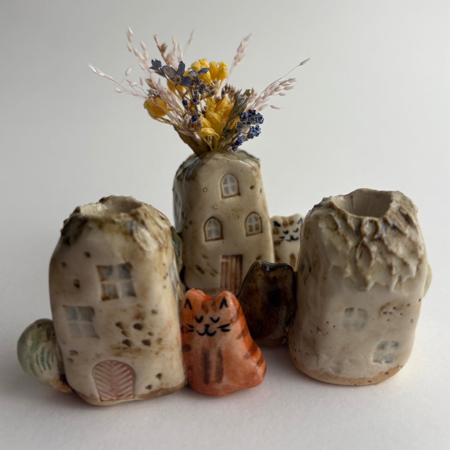 Mini House, Cat and Tree Bud Vase – Handmade Ceramic Miniature Vase