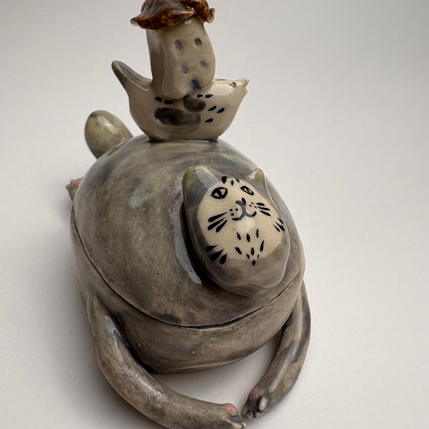 Whimsical Ceramic Cat Art Box with Bird & Four-Legged Fish — Hand-Sculpted Collector Piece