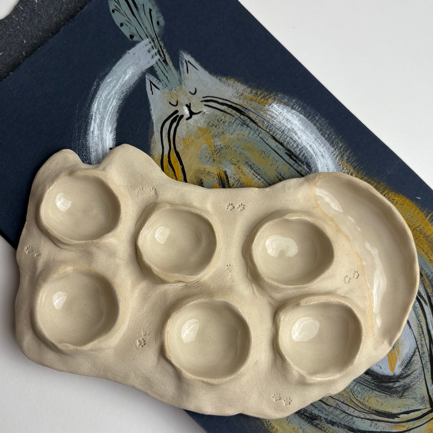 Cat-Shaped Handmade Ceramic Palette for Watercolor & Gouache