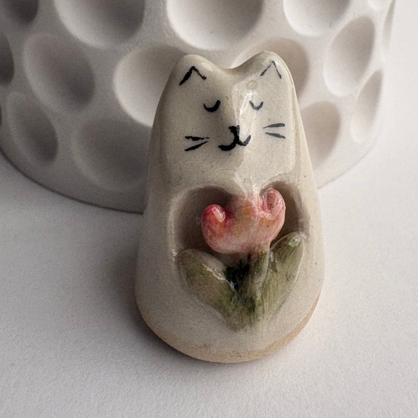 Carved Tiny Handmade Ceramic Cat Figurine