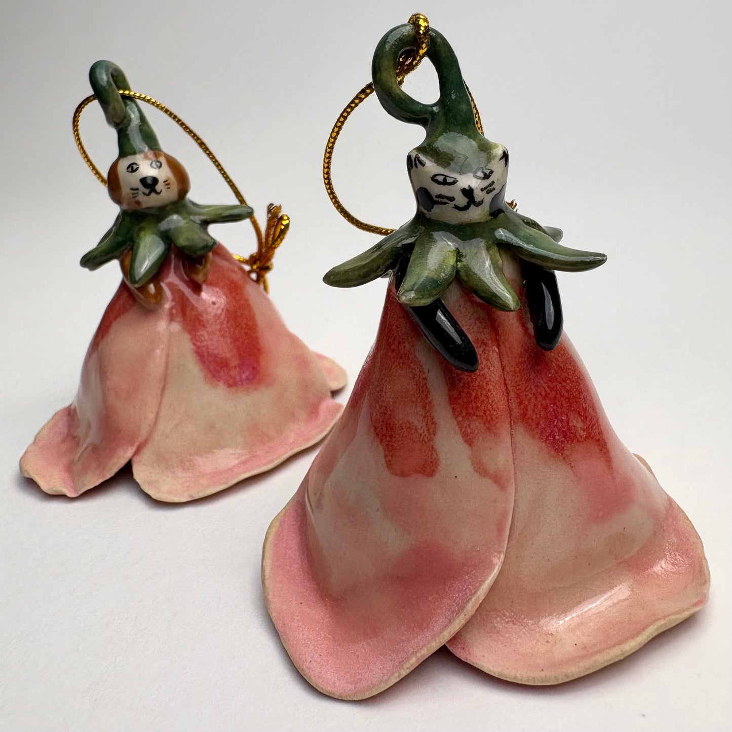 Handmade Ceramic Malva Flower Bell with Cat or Dog Figure/ Handmade cat themed ceramic Christmas ornament/ Pink Blossom Ornament