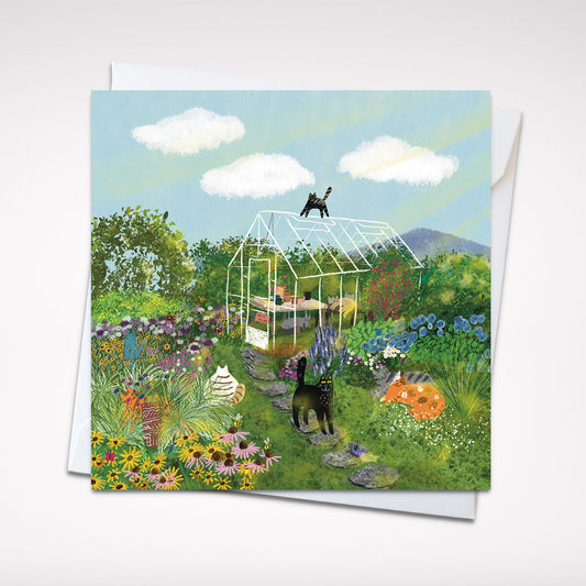 Cats at greenhouse: Greeting card