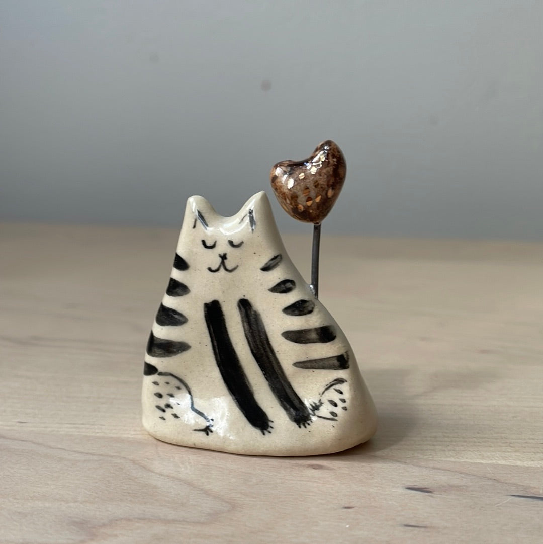 Sitting/Standing white and black cat with heart: Handmade ceramic cat figurine