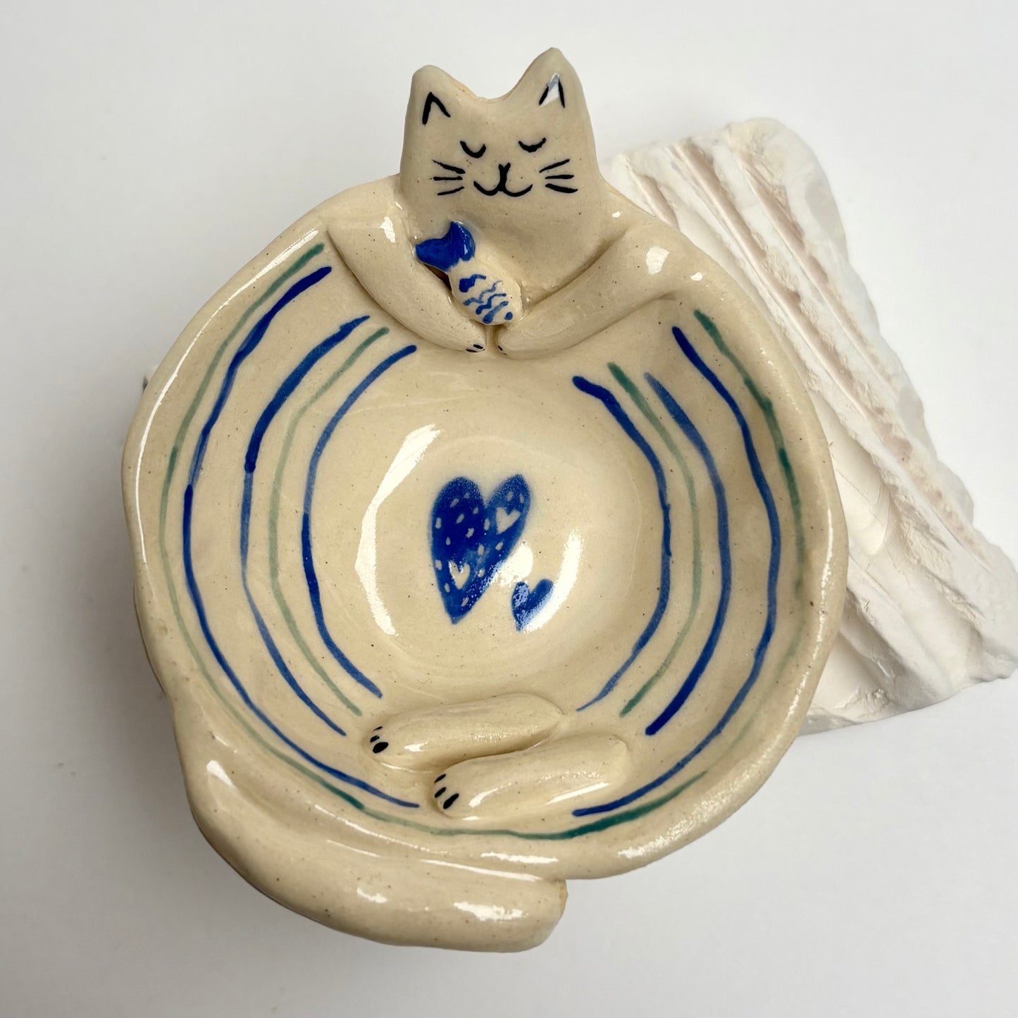 Handmade Ceramic Cat Dish — Cozy Blue Fish Bowl