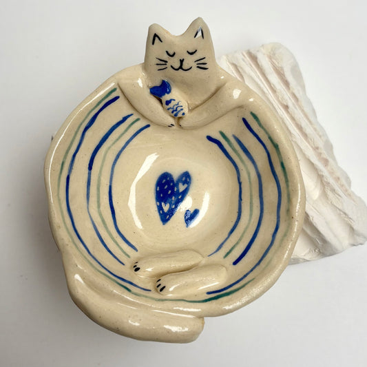 Handmade Ceramic Cat Dish — Cozy Blue Fish Bowl