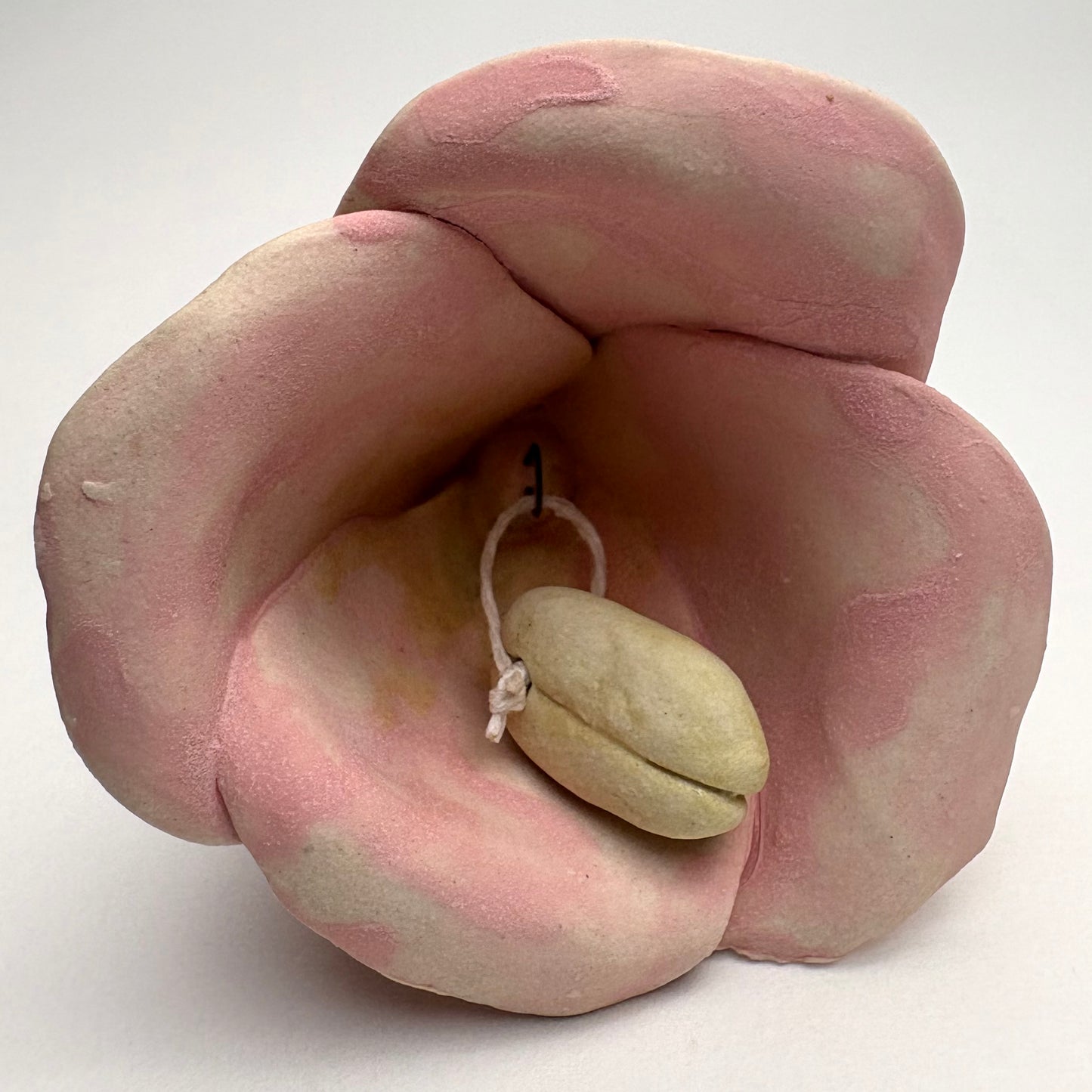 Handmade Ceramic Malva Flower Bell with Cat or Dog Figure/ Handmade cat themed ceramic Christmas ornament/ Pink Blossom Ornament