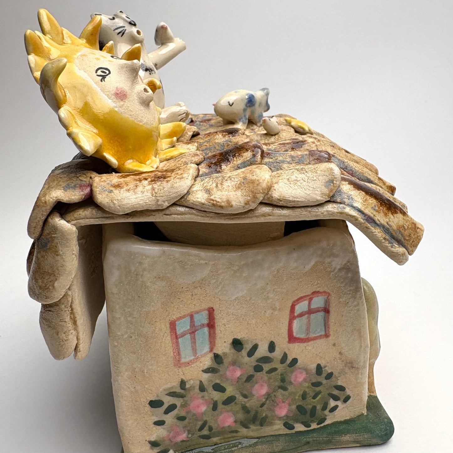 Whimsical Ceramic House Art Box with Cat, Sun, Birds & Four-Legged Fish — Hand-Sculpted Collector Piece